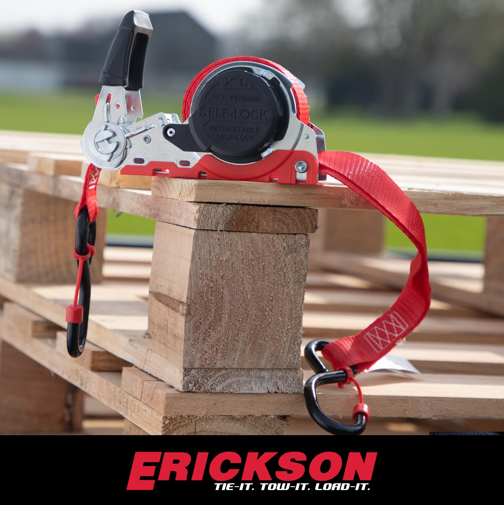 Retractable Ratchet Tie Down Strap Erickson - 1 in x 16 ft - 1500 lb Break Strength, Red Webbing, Self-Locking, Cap Lock Hooks - Heavy Duty for Truck, Trailer, ATV, UTV, Vehicle Cargo