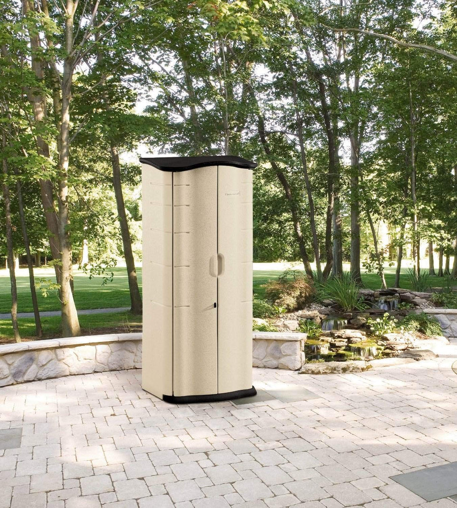 Rubbermaid Vertical Compact Resin Storage Shed With Floor (2 x 2.5 Ft), Weather Resistant, Beige/Brown, Organization for Home/Backyard/Garden Tools/Porch/Patio Cushions/Pool Chemicals/Toys
