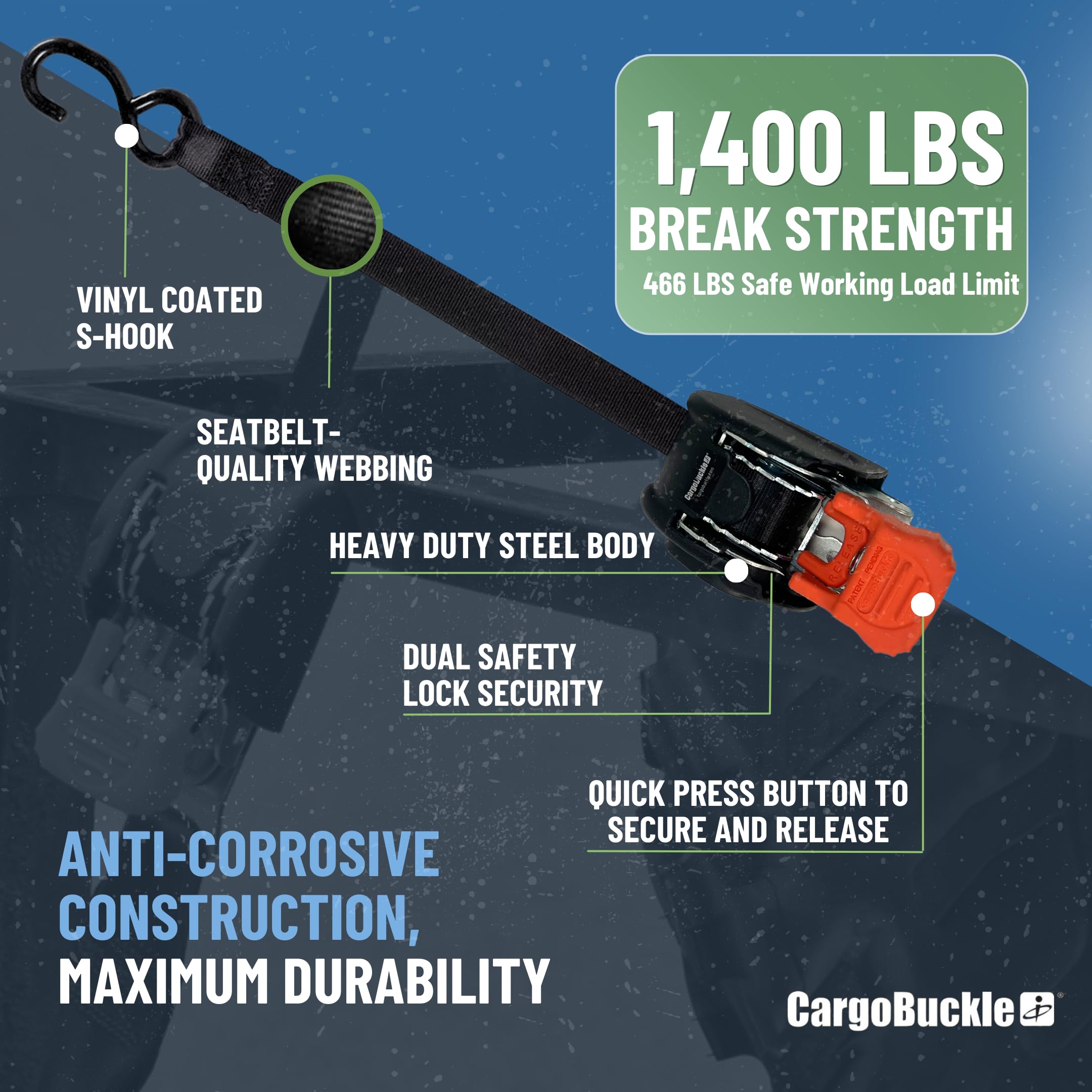 Mini G3 CargoBuckle Retractable Ratchet Straps, 1400 lbs Break Strength, 1-Inch Width X 6 ft Reach, Self Retracting Ratchet Straps for Trailers, Toy Haulers, ATVs, and Motorcycles - 2 Pack