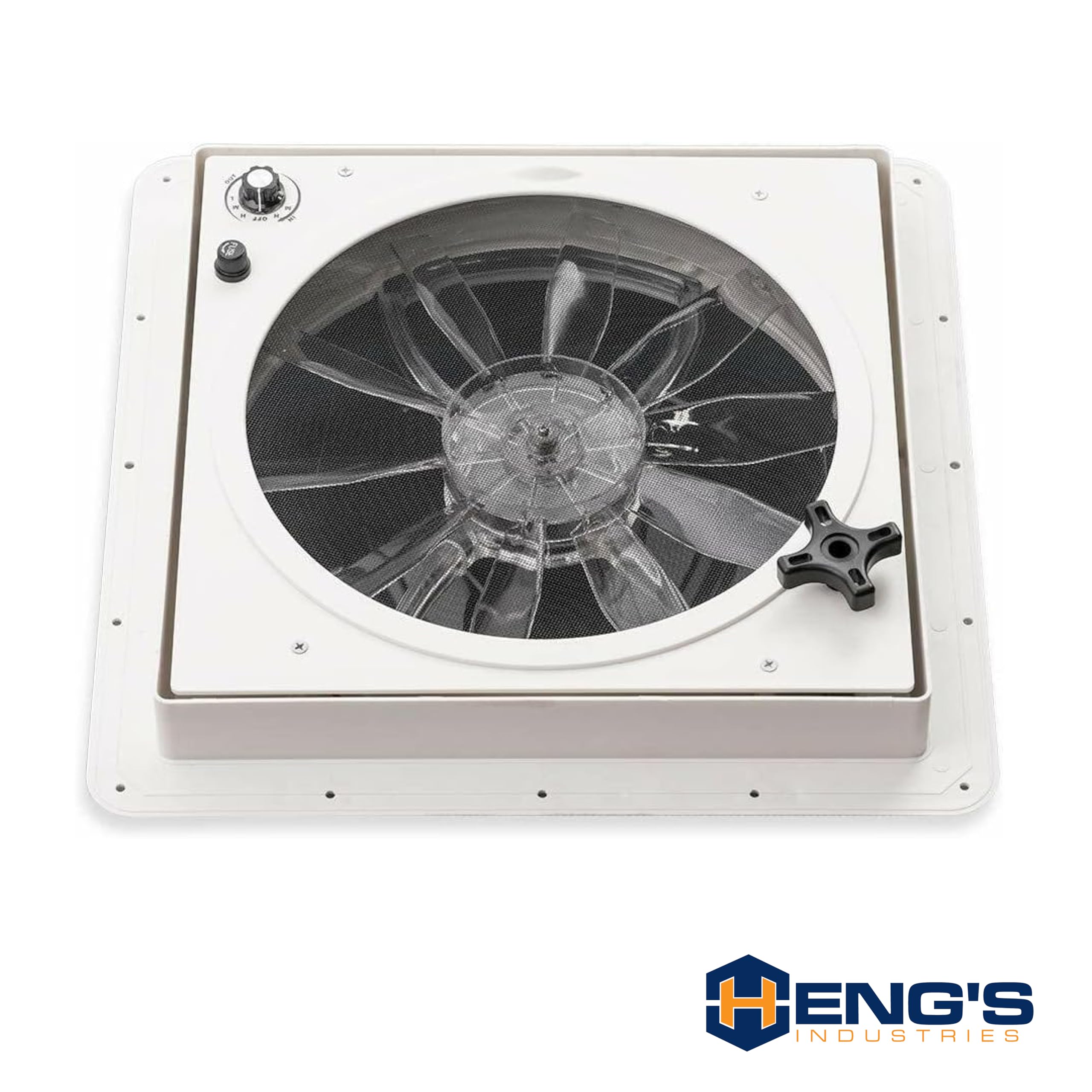 Zephyr RV HENG'S INDUSTRIES 14" Roof Vent Fan | Smoke Lid | Manual Powered | White Screen Frame, Collar, & 6" Square Garnish | SV4112-G4/74112V-G4