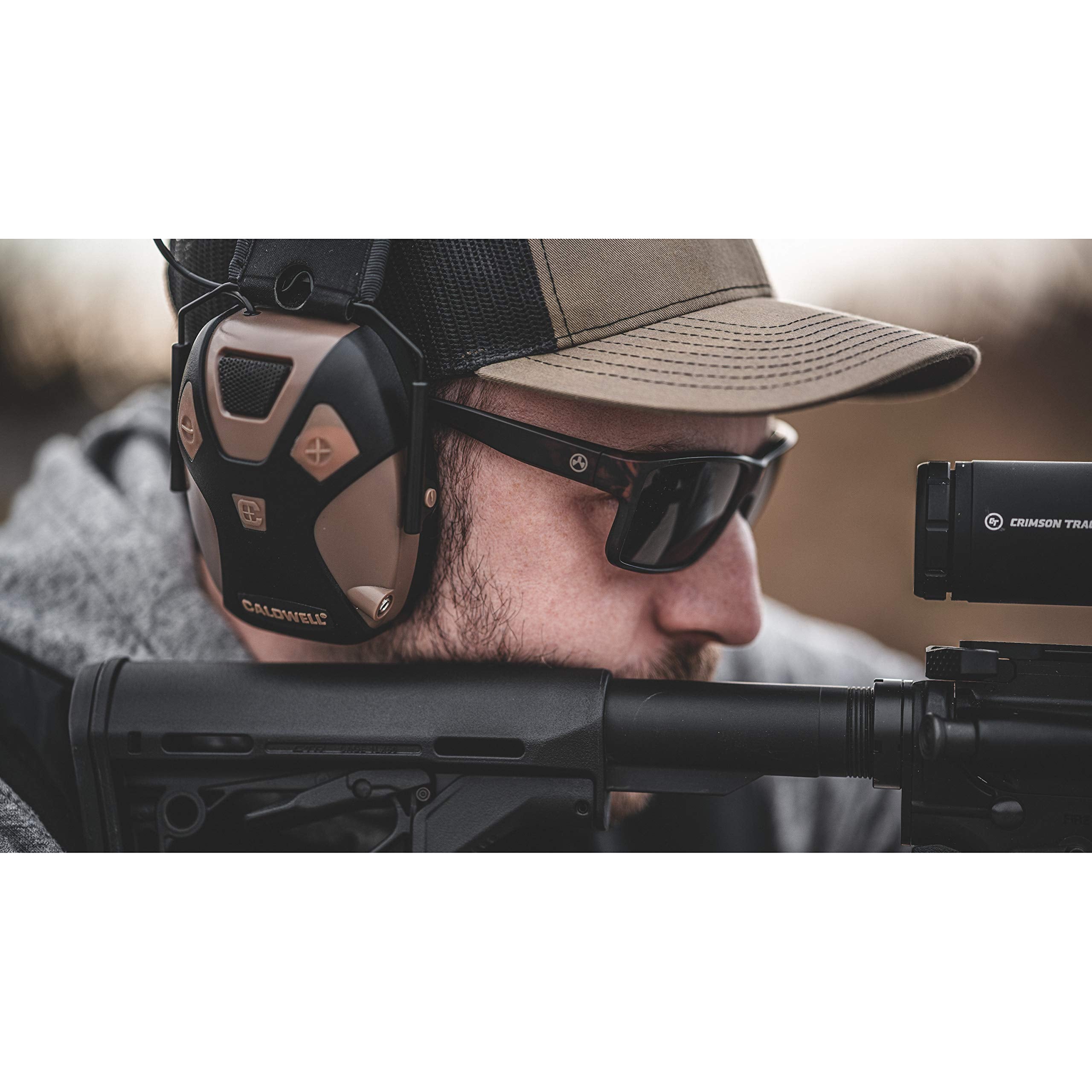 Caldwell E-MAX Pro Electronic Hearing Protection Adjustable Lo Pro Earmuffs for Shooting, Hunting and Range 23-24 NRR, Brown