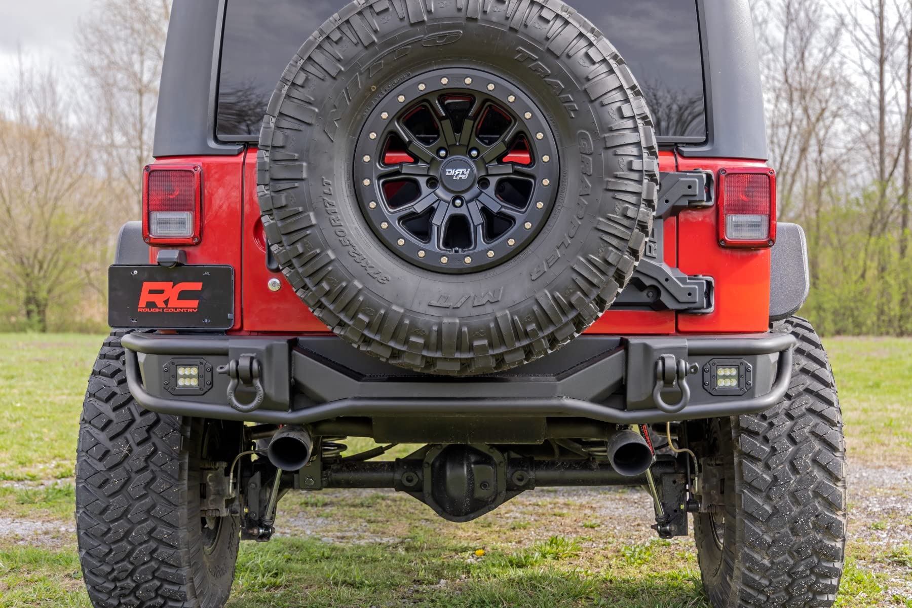 Rough Country Rear Tubular Bumper with LED Lights for Jeep Wrangler JK & Unlimited (2007-2018) - Includes Dual 2" Flush Mount LED Cubes, D-Rings