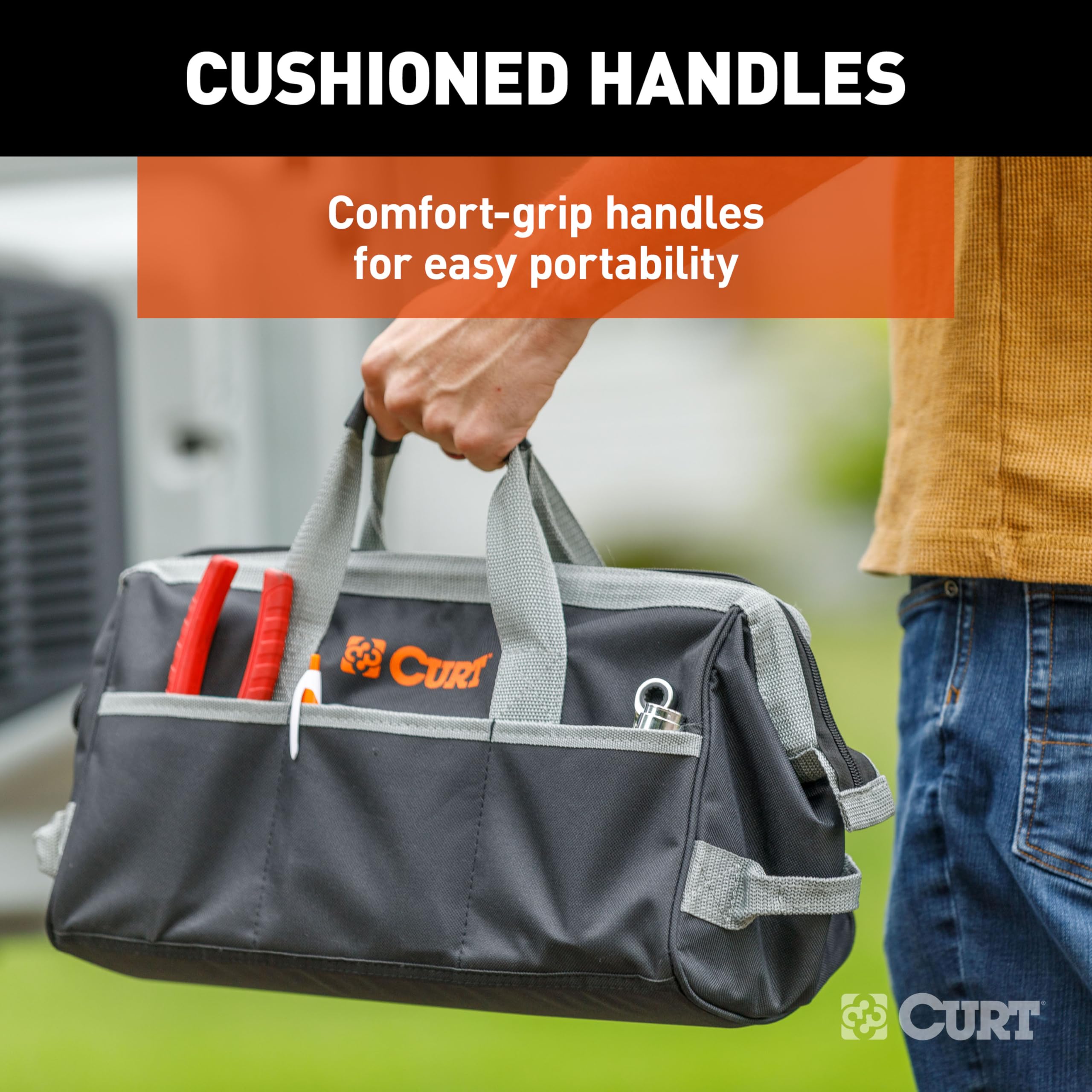 70004 CURT Towing Accessories Storage Tool Bag, 14 Pockets, Reinforced Webbing