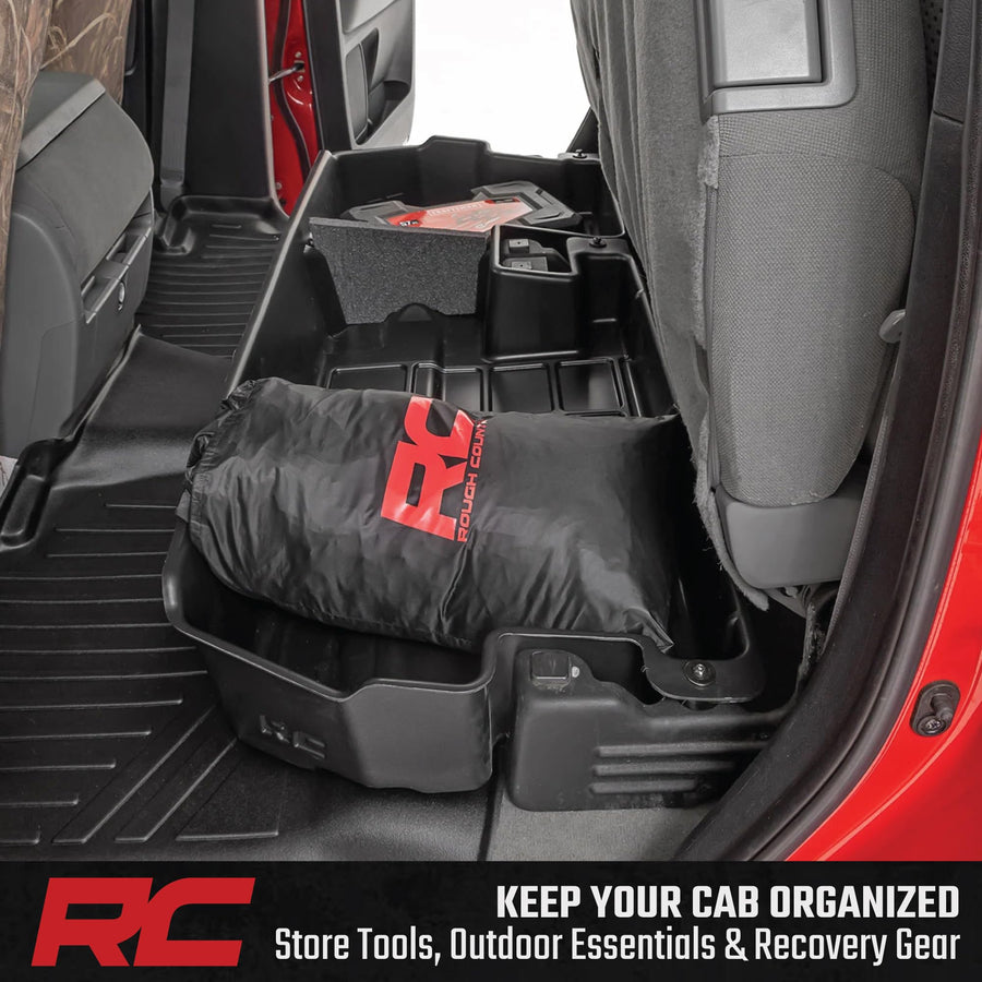 Rough Country Under Seat Storage for Double Cab Toyota Tundra (2007-2021) - Custom-Fit Rear Underseat Tray Organizer, Secure Hidden Storage Box for Tools & Gear
