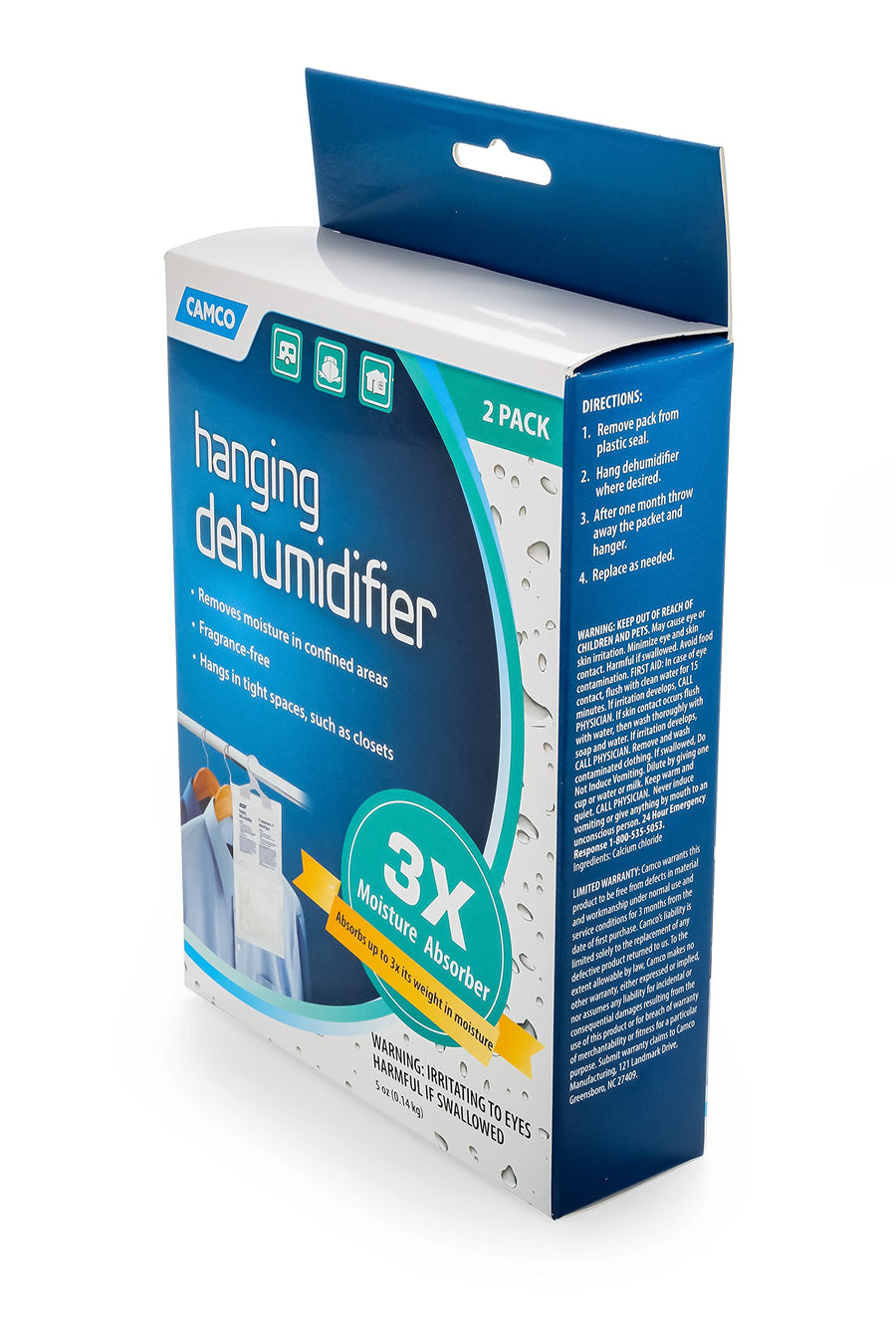 Hanging Dehumidifier Camco 44286 Fragrance Free-Convenient Hook Absorbs up to 3x Its Weight in Water, Reduces Moisture and Humidity in Closets and Tightly Confined Spaces, 2 Pack