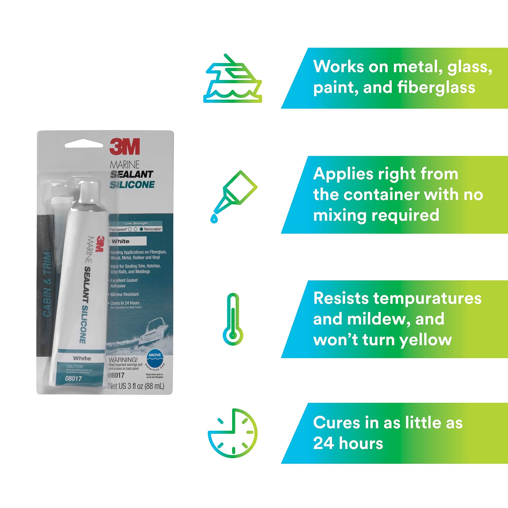 3M Silicone Marine Grade Sealant, PN08017, White, 3 oz Tube