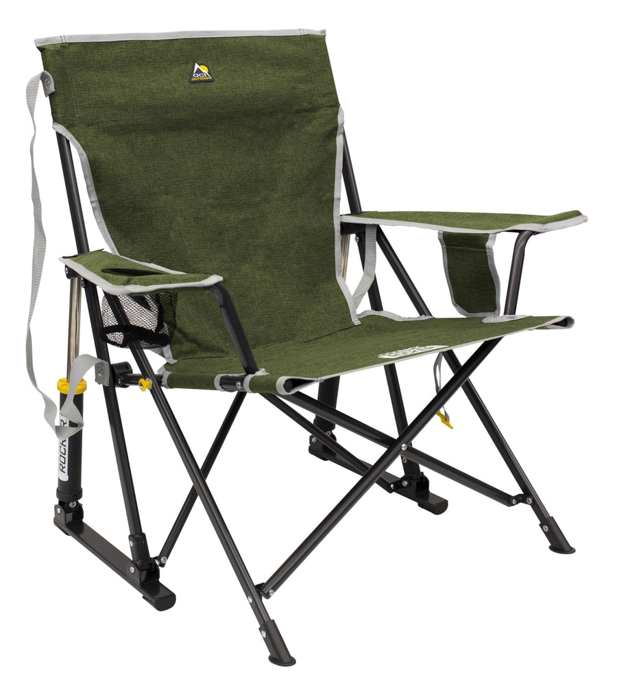 GCI Outdoor Rocker Kickback Camping Chair | Portable Folding Rocking Chair with Durable Armrests, Drink Holder & Relaxed Lowered Seat for Comfort — Loden Green