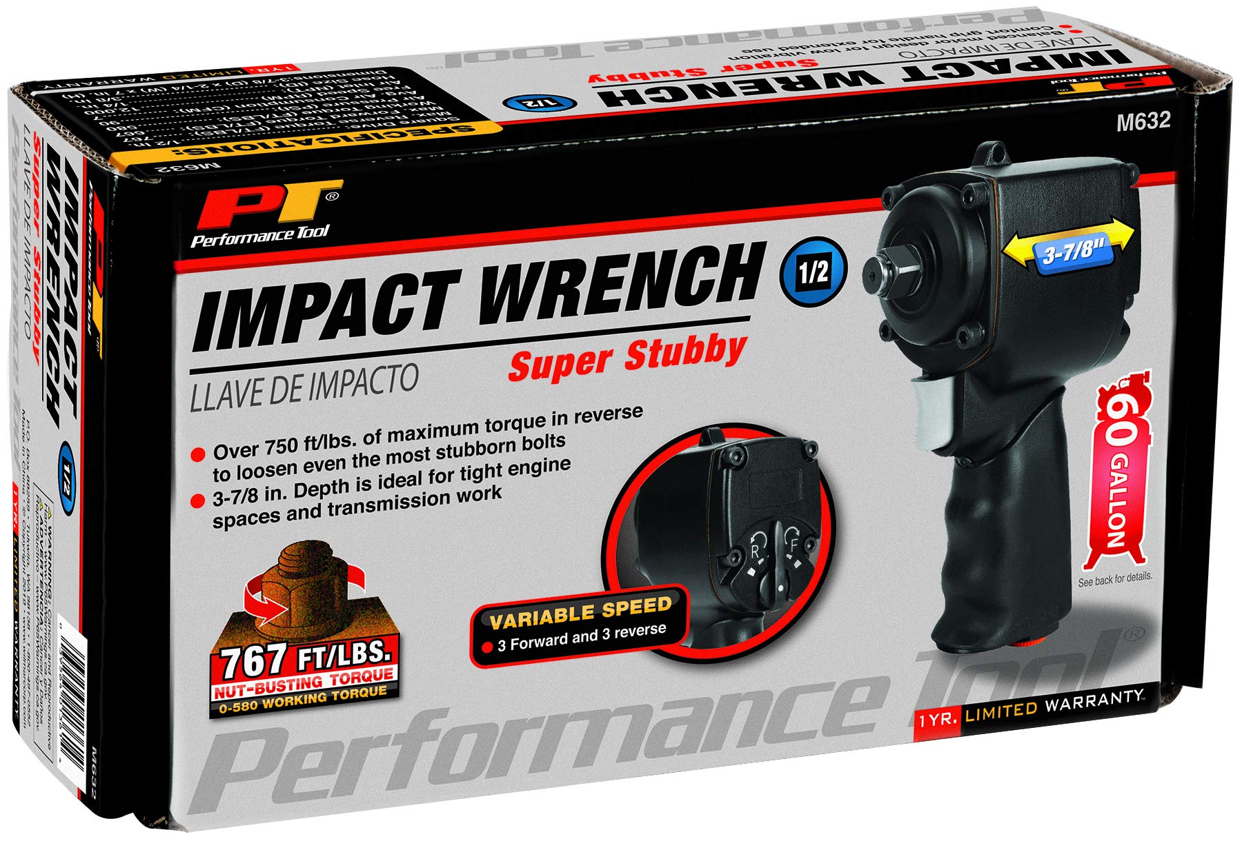 Super Stubby Performance Tool M632 1/2-Inch Drive Air Impact Wrench - Compact, High-Torque, Low Vibration for Tight Spaces & Heavy-Duty Use