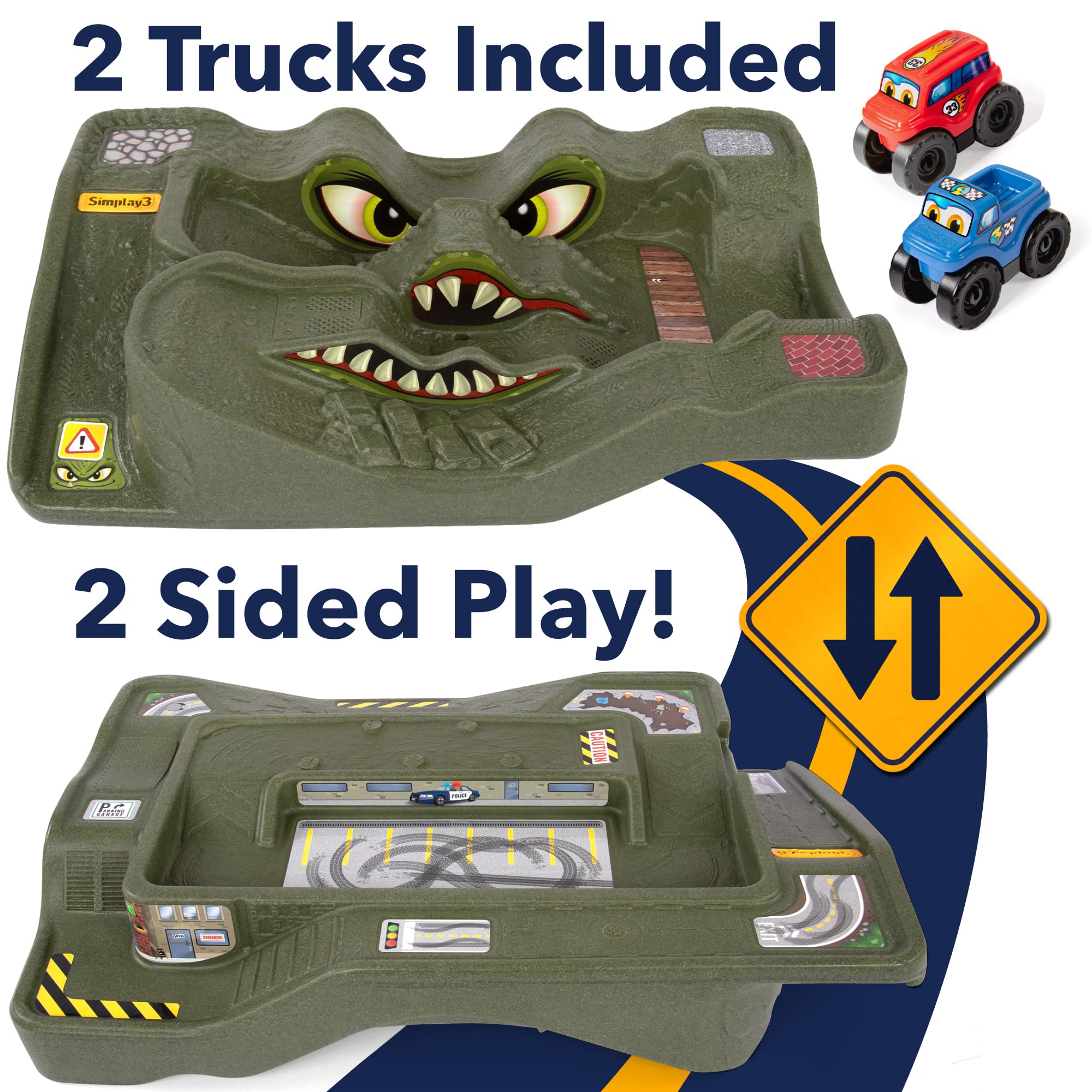 Simplay3 Extreme Wheels Monster City Car Race Track Table - 2 Sided Portable Kids Play Table with 2 Race Trucks - Green - Made in USA