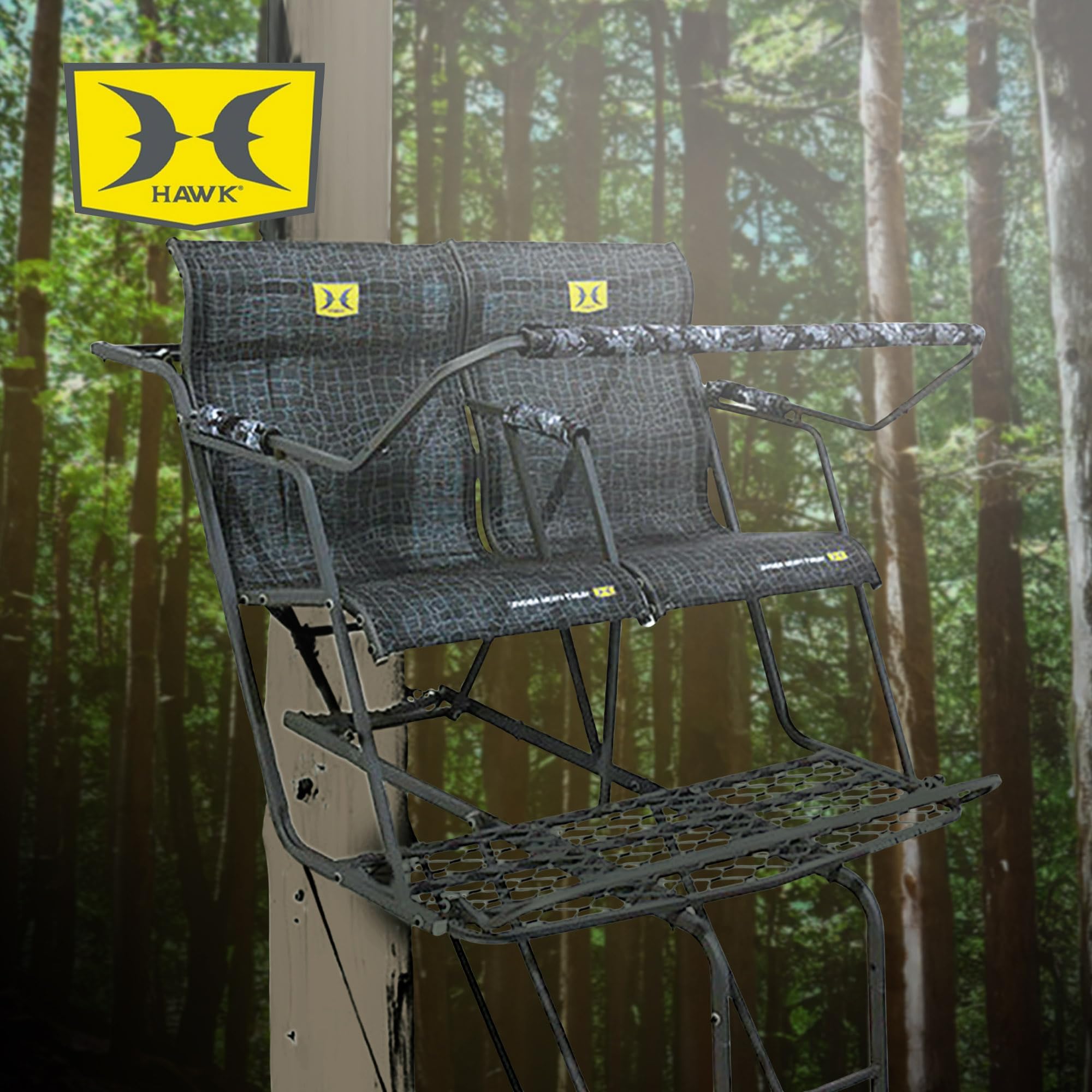 Hawk 2 Man Big Denali Climbing Tree Stand, 18 Foot Deer Hunting Ladderstand with Kick Out Footrests and Extra Large MeshComfort Seats