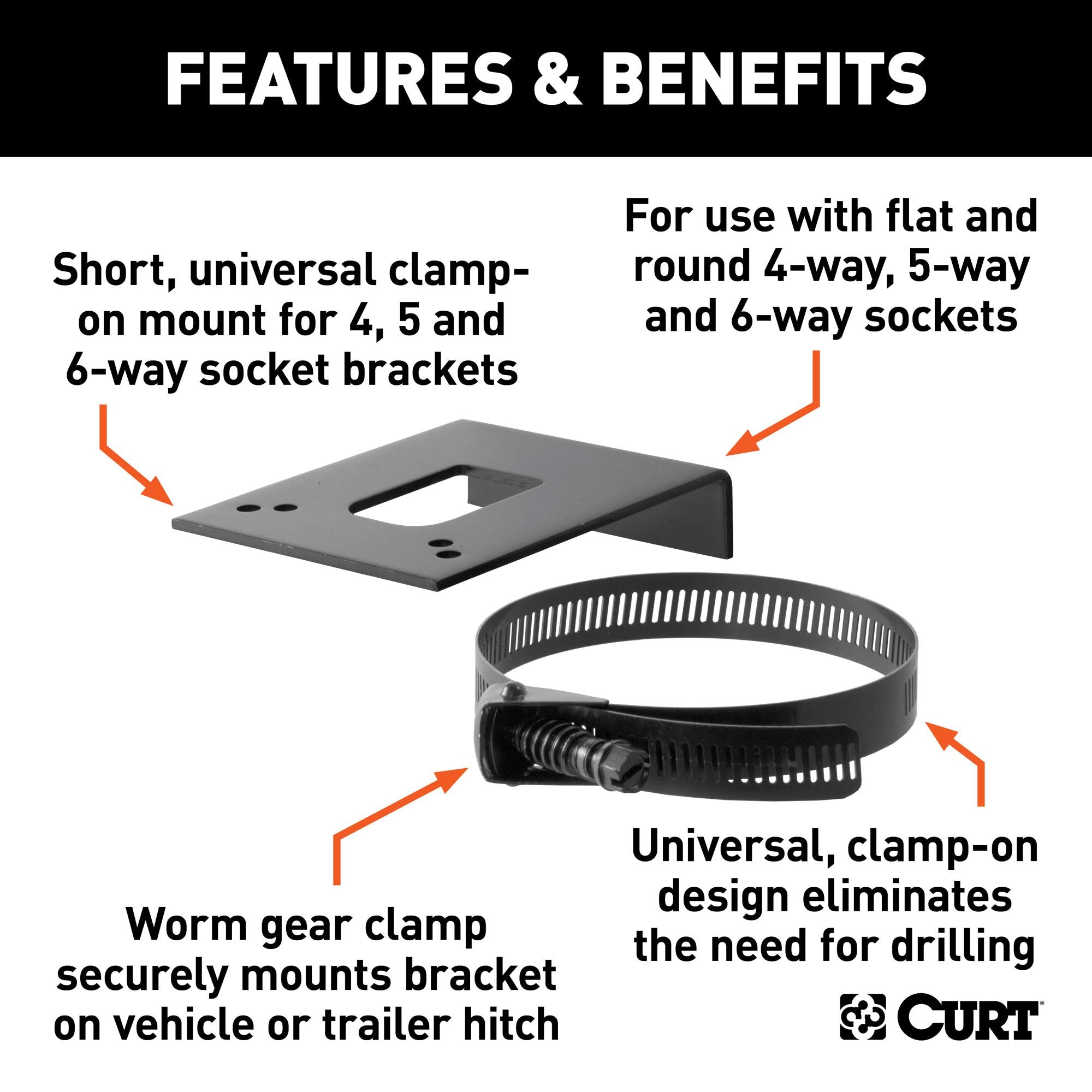 CURT 57204 Trailer Wiring Harness Vehicle-Side Clamp-On Bracket Mount for 4-Way, 5-Way or 6-Way GLOSS BLACK POWDER COAT