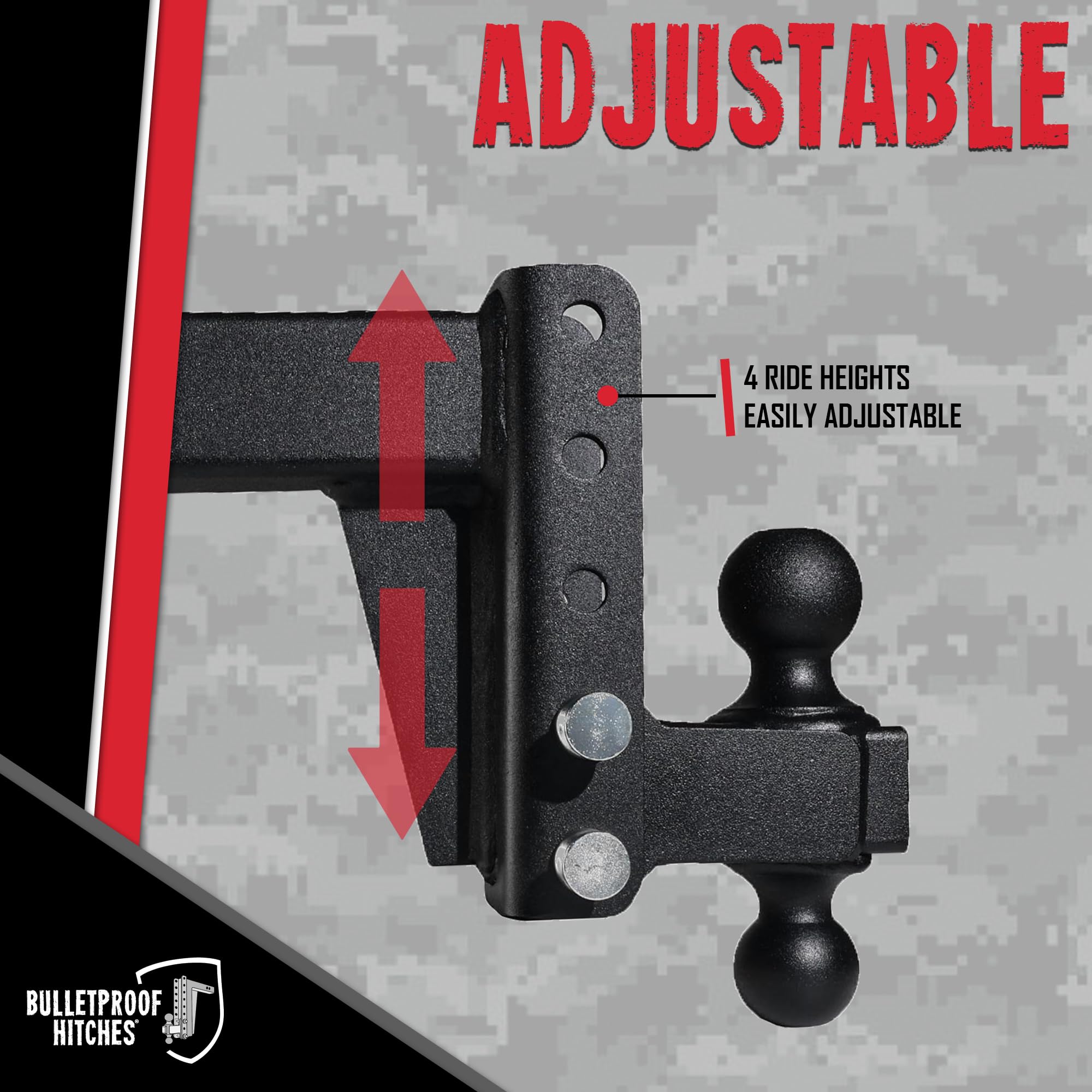 2.5" BulletProof Hitches Adjustable Medium Duty Trailer Hitch (14,000 lb. Rating) - 4" Drop/Rise Trailer Hitch with 2" & 2-5/16" Dual Ball - Powder Coat, Box Steel, Corrosion-Resistant
