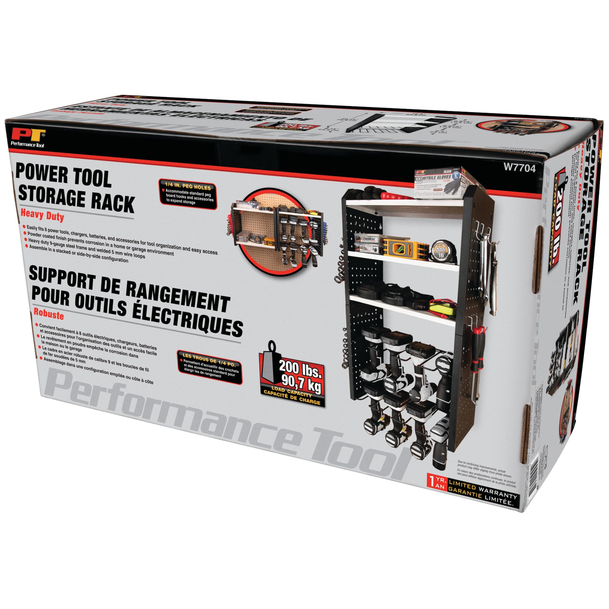 W7704 Performance Tool 17-in Five Level Power Tool Storage Rack: 200 lb Limit, 9-Gauge Solid Steel Frame, Baked on Powder Coat Finish with 1/4-in Peg Holes, For Garage/Home, Black/White