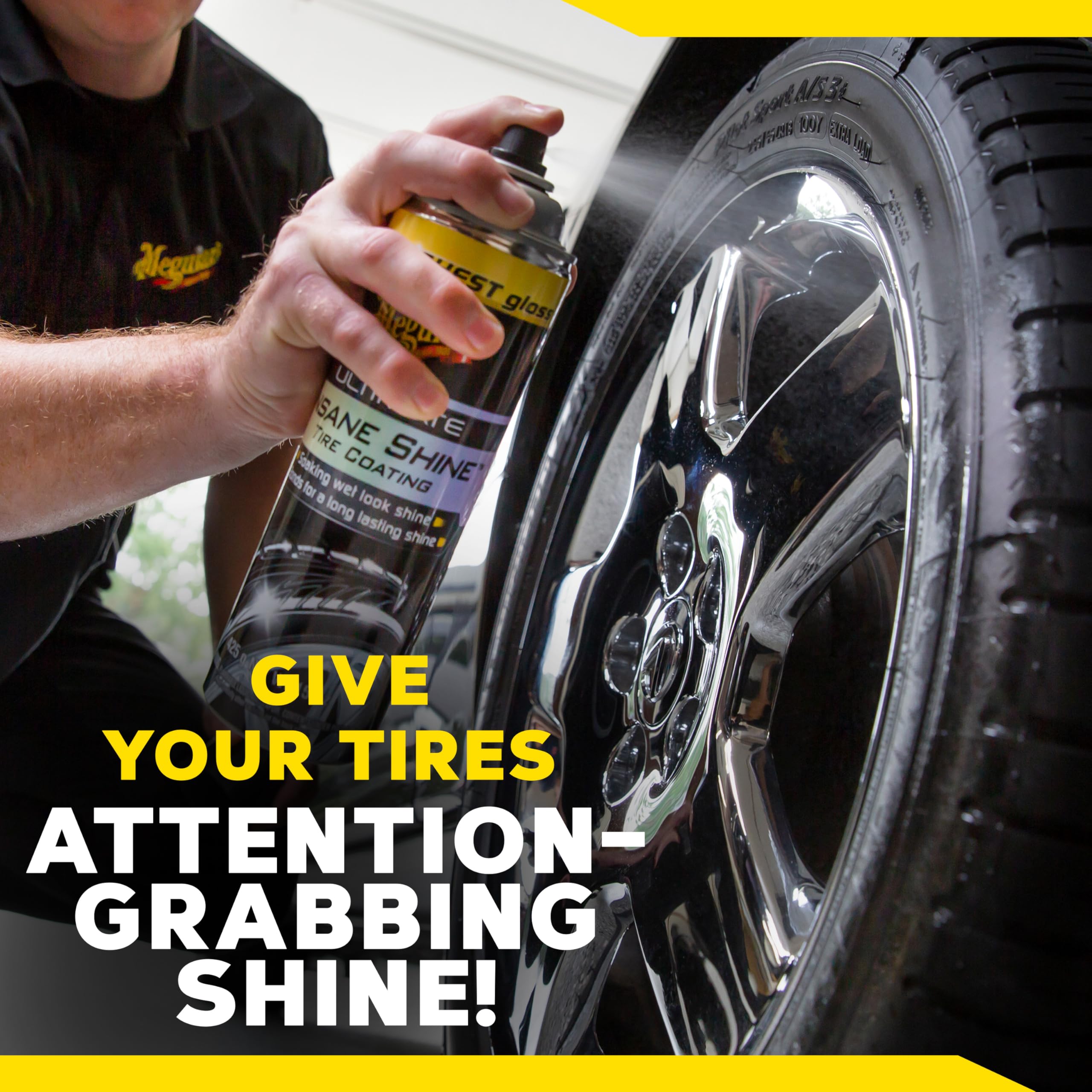 Meguiar's Ultimate Insane Shine Tire Coating, gives a Finish that Creates a Lasting Wet-Look for a Classic Black Shine, Easy to Use, No Mess, Ultimate Protection, 15 Oz Aerosol Can