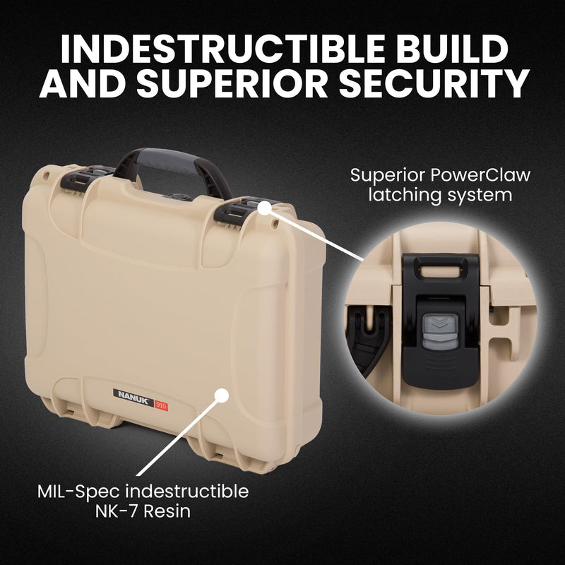 NANUK Waterproof Hard Case 910 – 14.3” x 11.1” x 4.7”, Protective Case for Camera, Electronics & Gear – Impact-Resistant, Dustproof, Airline Carry-On Approved – Made in Canada, Tan