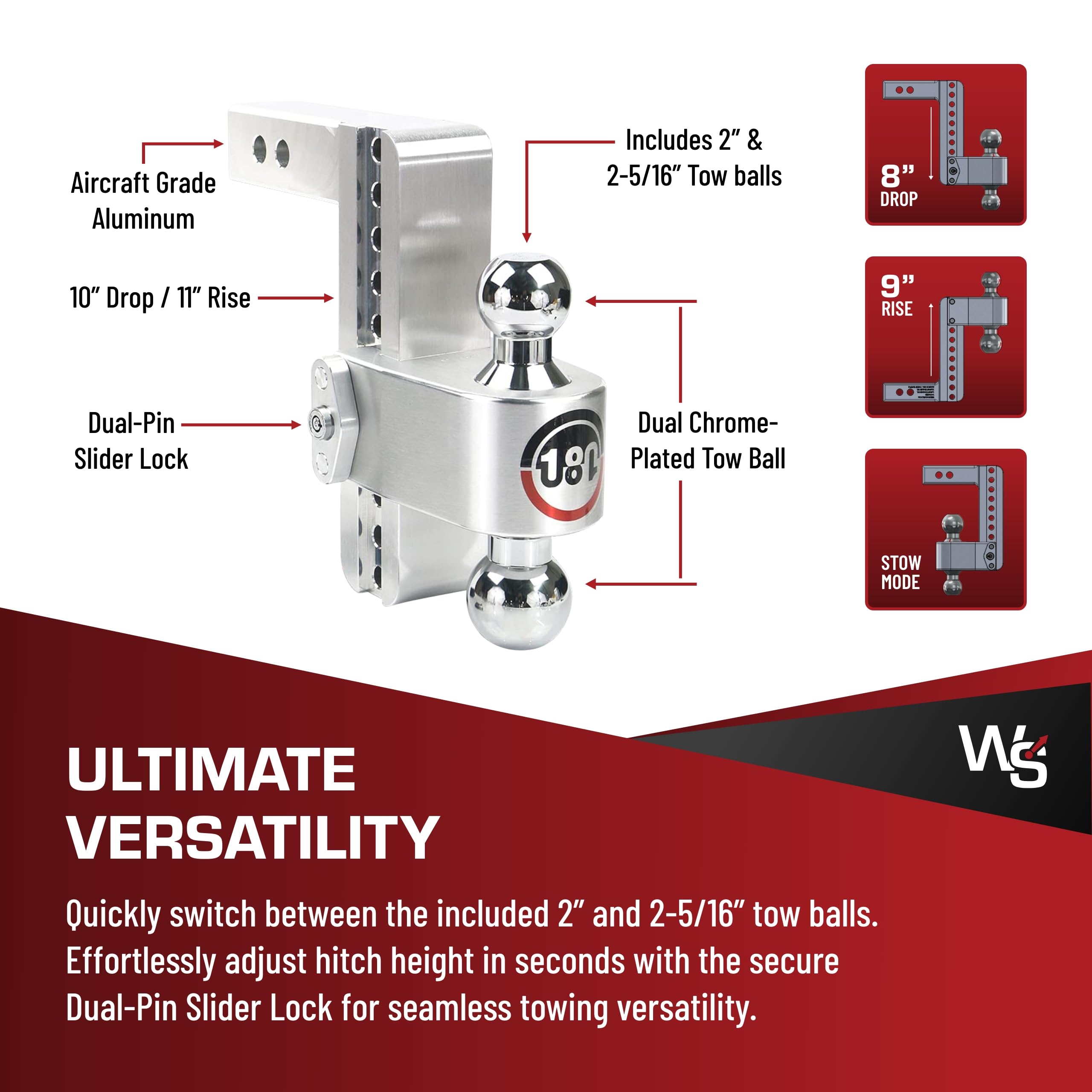 Weigh Safe 180 Hitch - Adjustable Hitch Trailer Ball Mount - 8" Adjustable Drop Hitch for 2" Receiver - Heavy Duty Aluminum Trailer Tow Hitch w/ Chrome Plated Tow Balls (2" & 2 5/16") - 12,500 GTW
