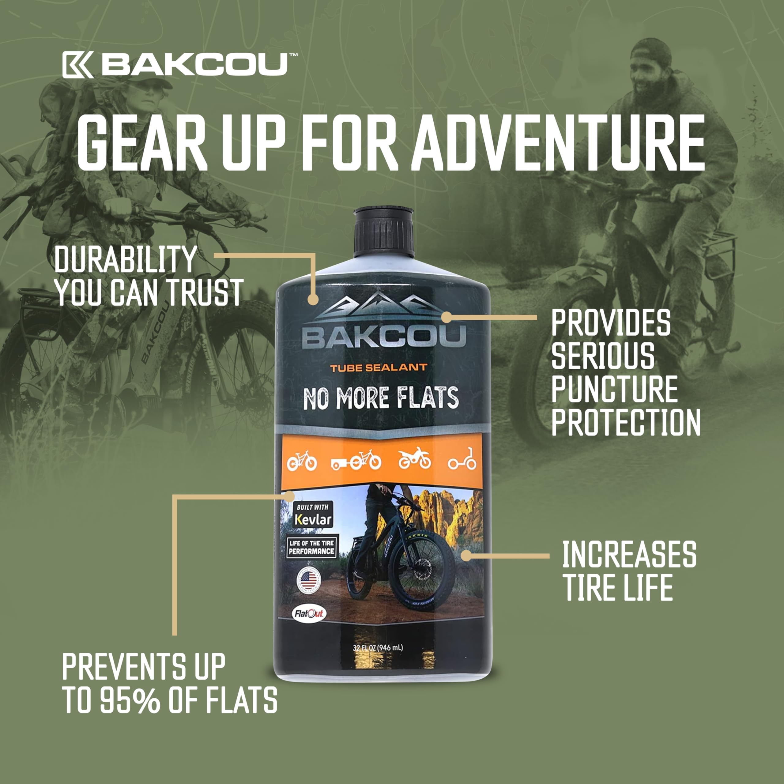 Flat Out - Bakcou Ultimate Off-Road eBike with Bicycle Sealant for Tire Repair, Prevents Flats, Seals Leaks, Engineered for Tough Conditions