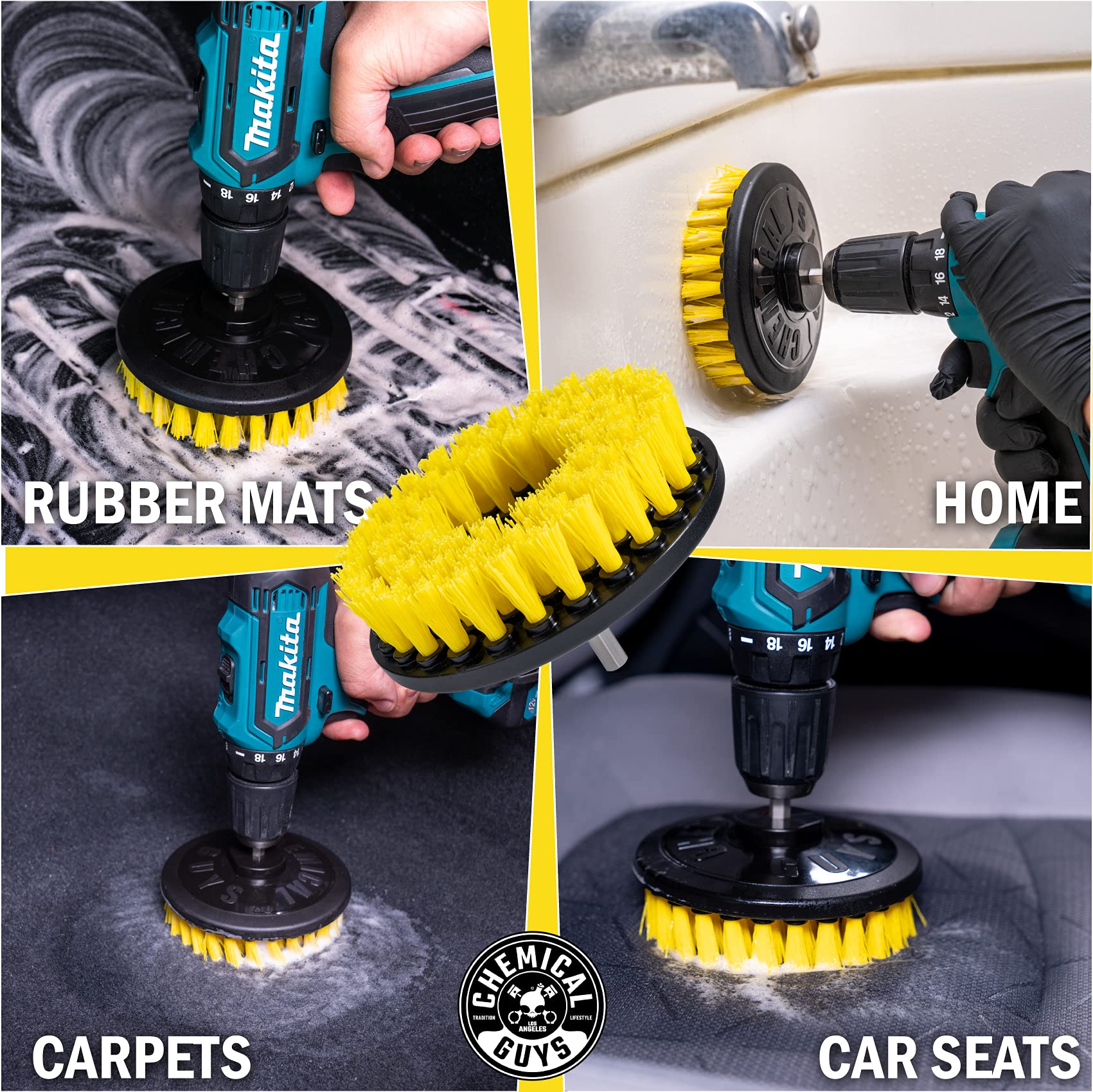 Chemical Guys Medium Duty Spinner ACC507 Multi-Surface Drill Brush Attachment (Fits Any Standard Drill - Power Scrubber Removes Stains & Cleans Floor Mats, Upholstery & Carpets), Yellow