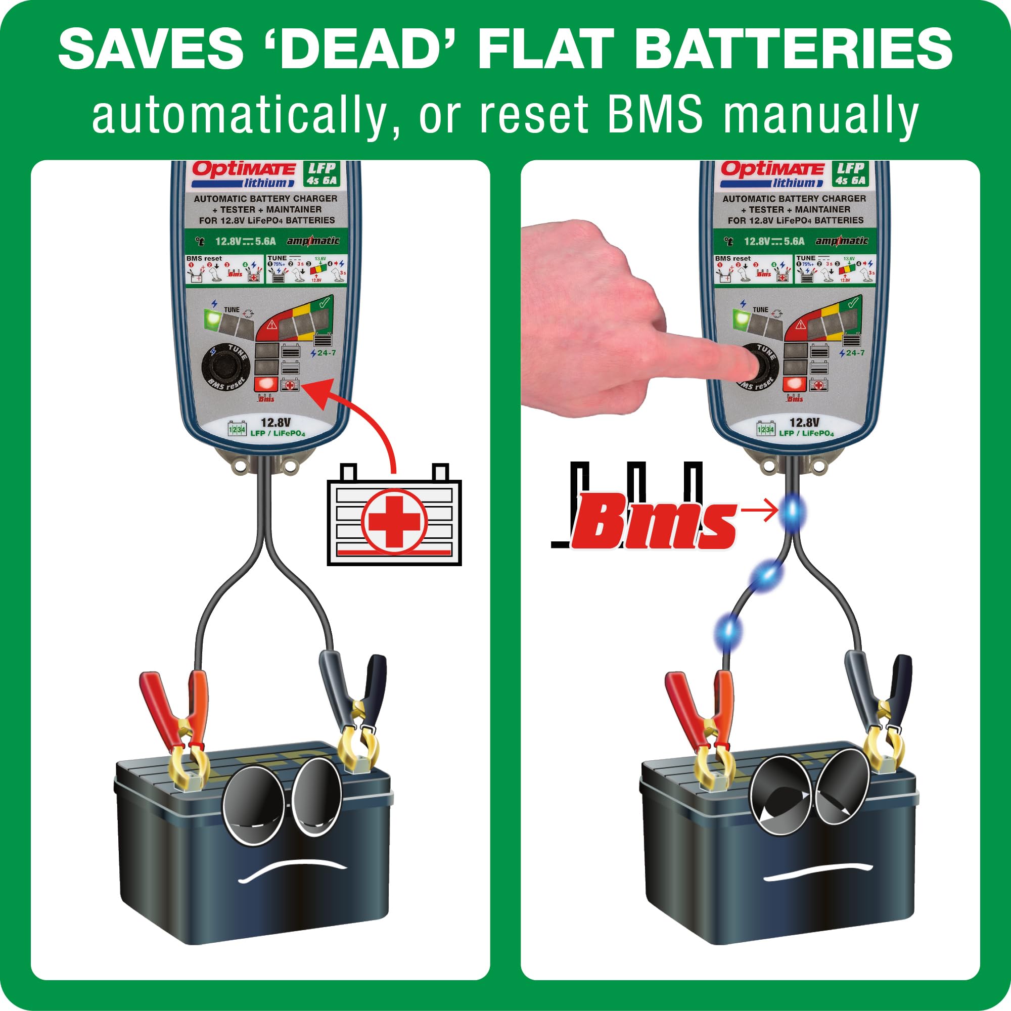 OptiMate Tecmate Lithium 4s 6A, TM391, 10-step 12.8V 6A Lithium Expert Battery Saving Charger & Maintainer, Blue/Green