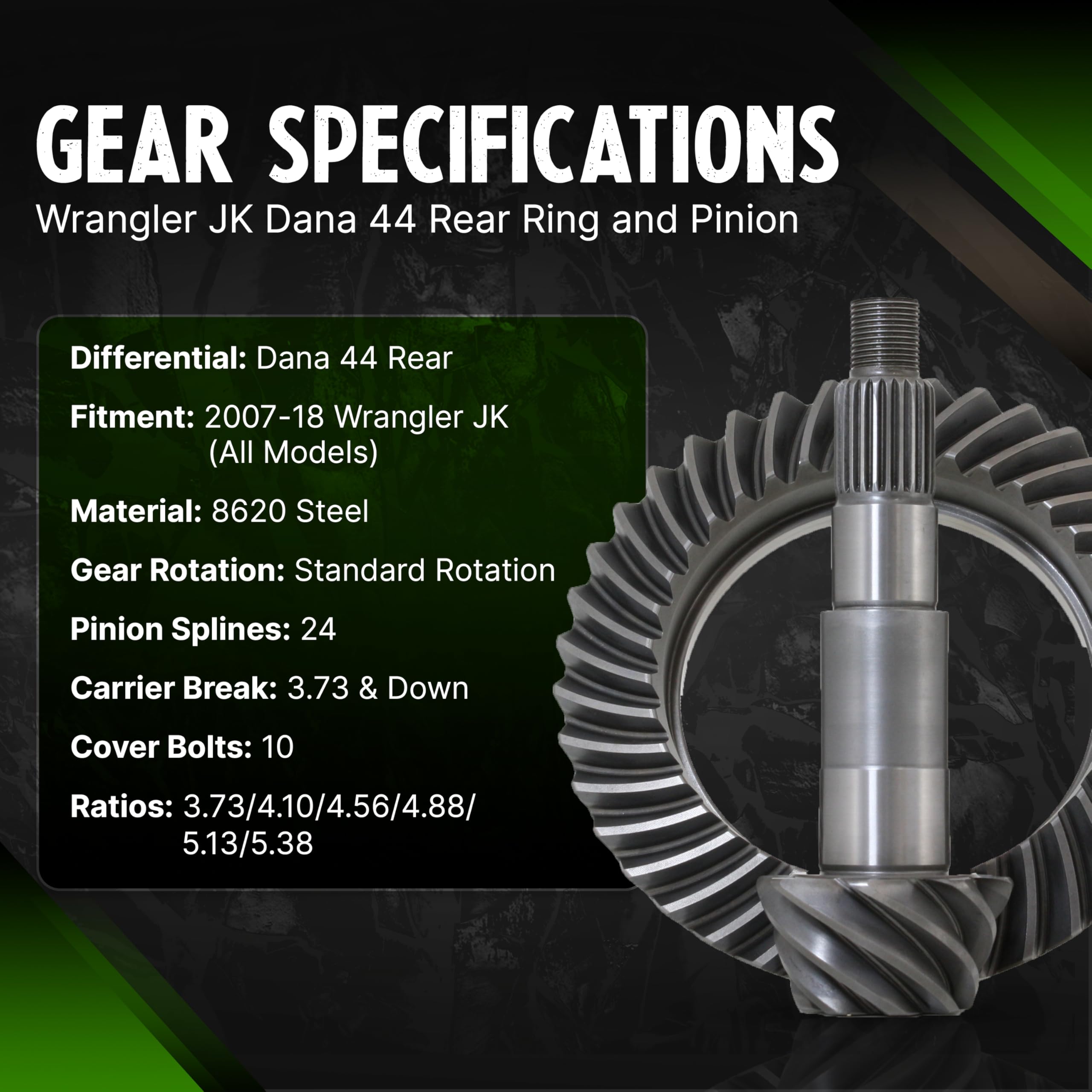 D44 JK Revolution Gear Rear 3.73 Ratio Ring and Pinion Gear Set - Fits Dana 44 Rear Differential - Compatible with 2007-2018 Jeep Wrangler JK (Sport, Sahara & Rubicon) - Heavy-Duty Steel for Off-Road