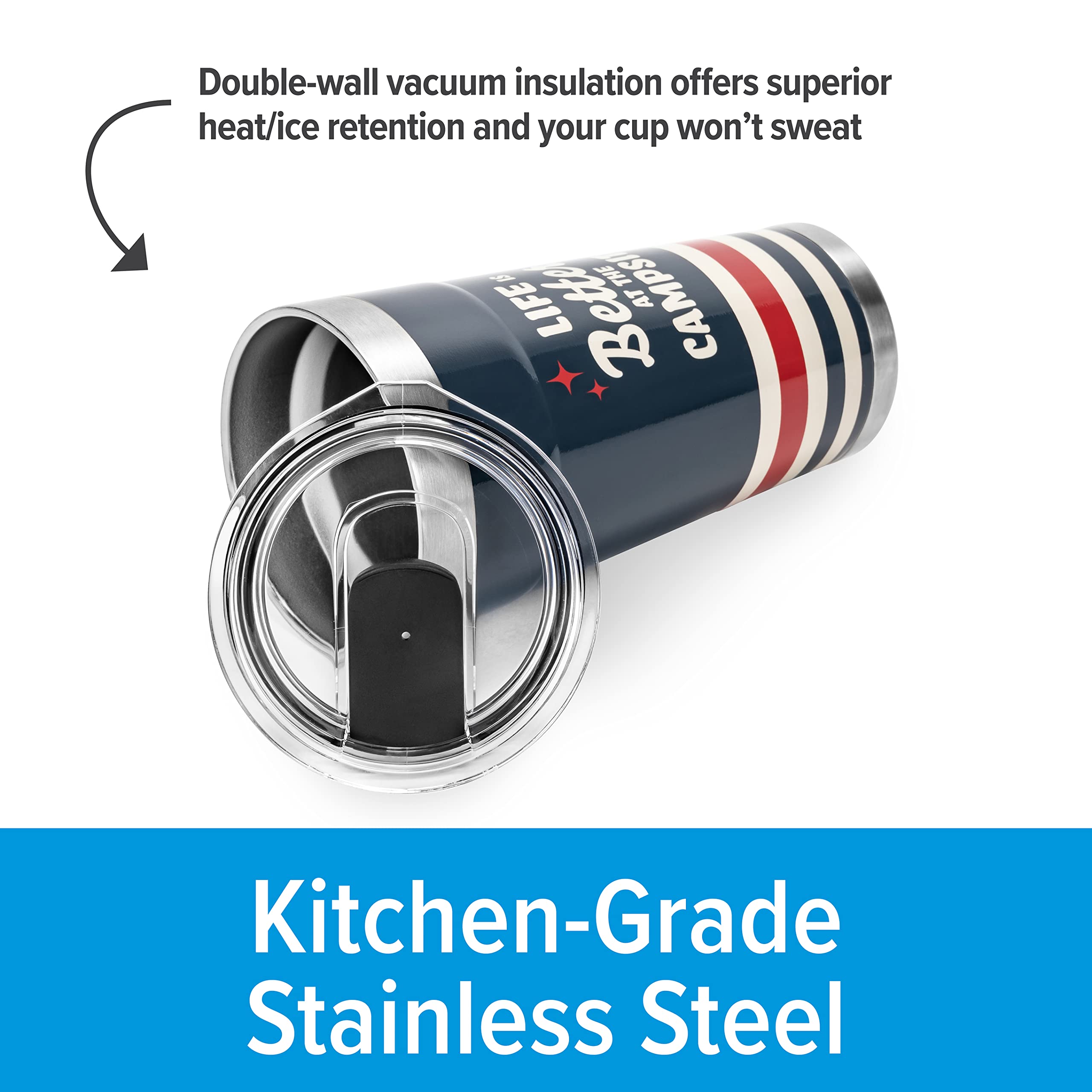 Wrapped Stainless Steel Tumbler Camco Life is Better at The Campsite - Features Double Wall Vacuum Insulation for Heat/Ice Retention & Unique Red, White, & Blue Design - Holds 20 oz. (53326)
