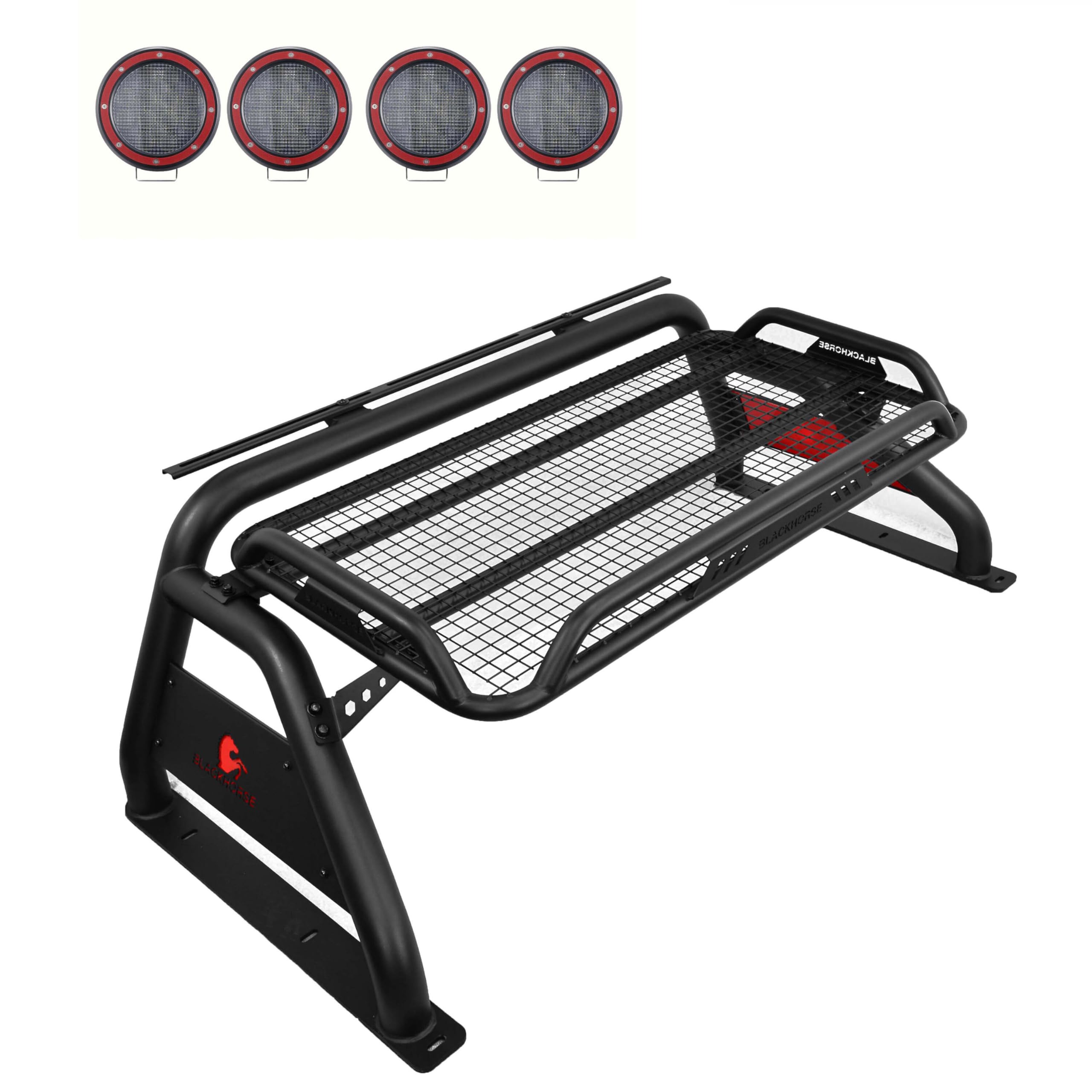 Atlas Black Horse Roll Bar Incl. Set of 5.3" Dia.Led Lights w/Red Trim Rings Compatible with 99-25 Ford F-250 Super Duty|99-25 Ford F-350 Super Duty|99-25 Ford F-450 Super Duty