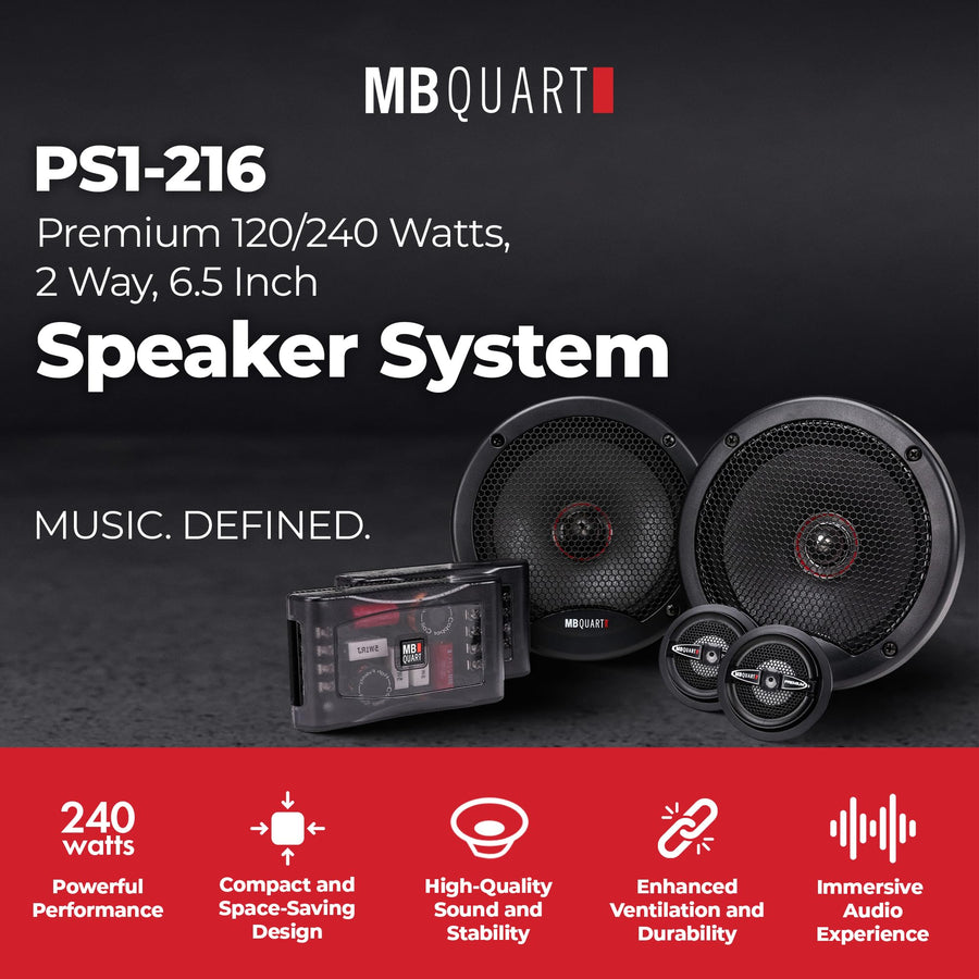 MB Quart 6.5" PS1-216 Premium Car Speakers - 240W, 2-Way Component, 4 OHMS, with Grills, Superior Bass & Clear Highs for an Unmatched Audio Experience in Your Vehicle