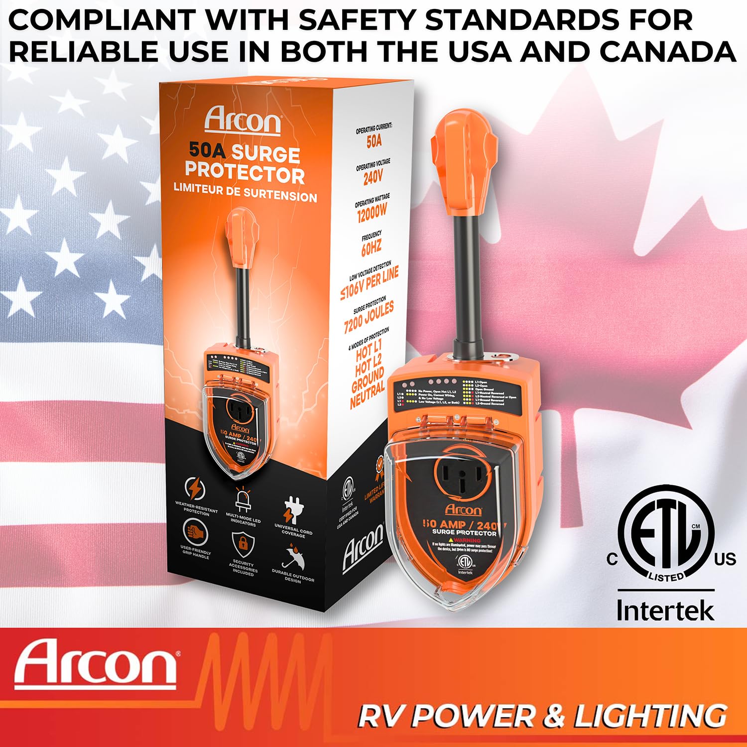 Surge Protector Arcon 19759, Portable, 50 Amp, 240 Volt, with Plug Head Handle Grip, 7200 Joules of Power Surge Protection