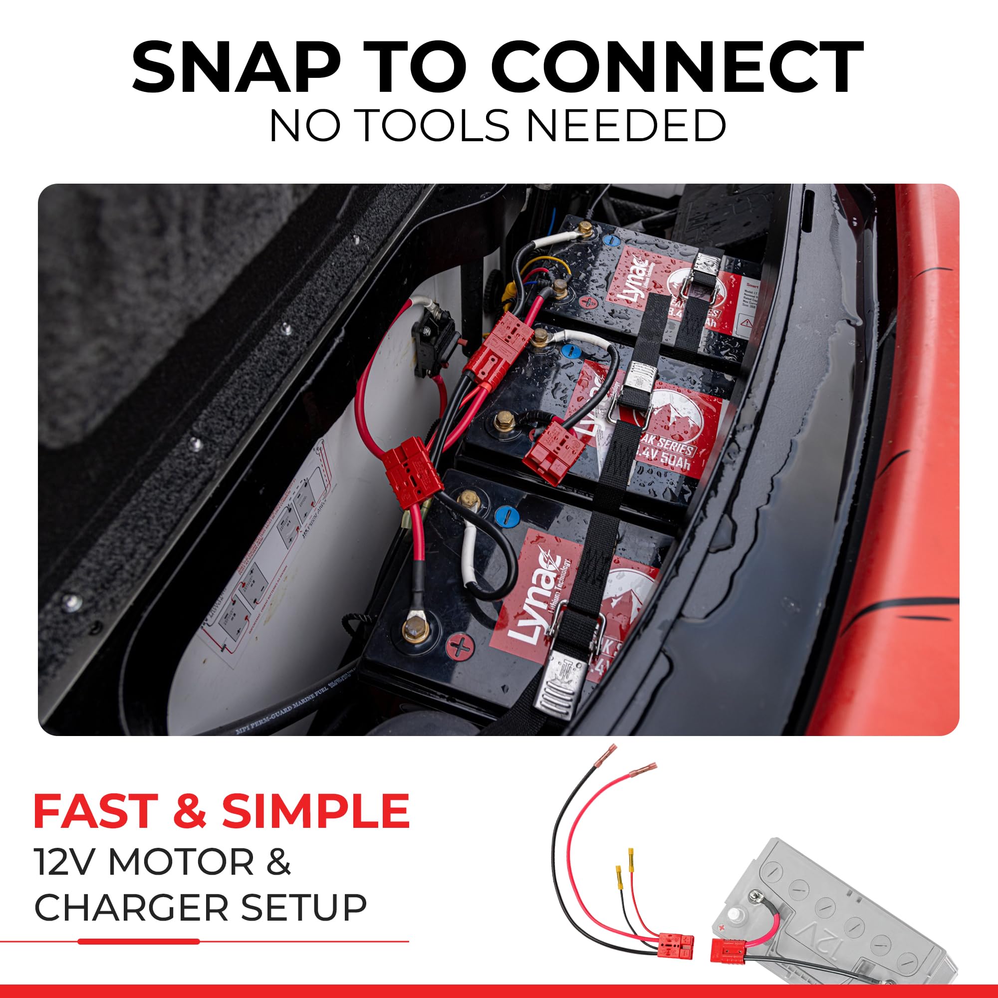 12V Connect-Ease Trolling Motor Wire Connection Kit with On-Board Charger Leads Included RCE12VBCHK | Lithium Compatible | Quick Connect Wire Connectors | Marine and Outdoor Use | Battery Not Included