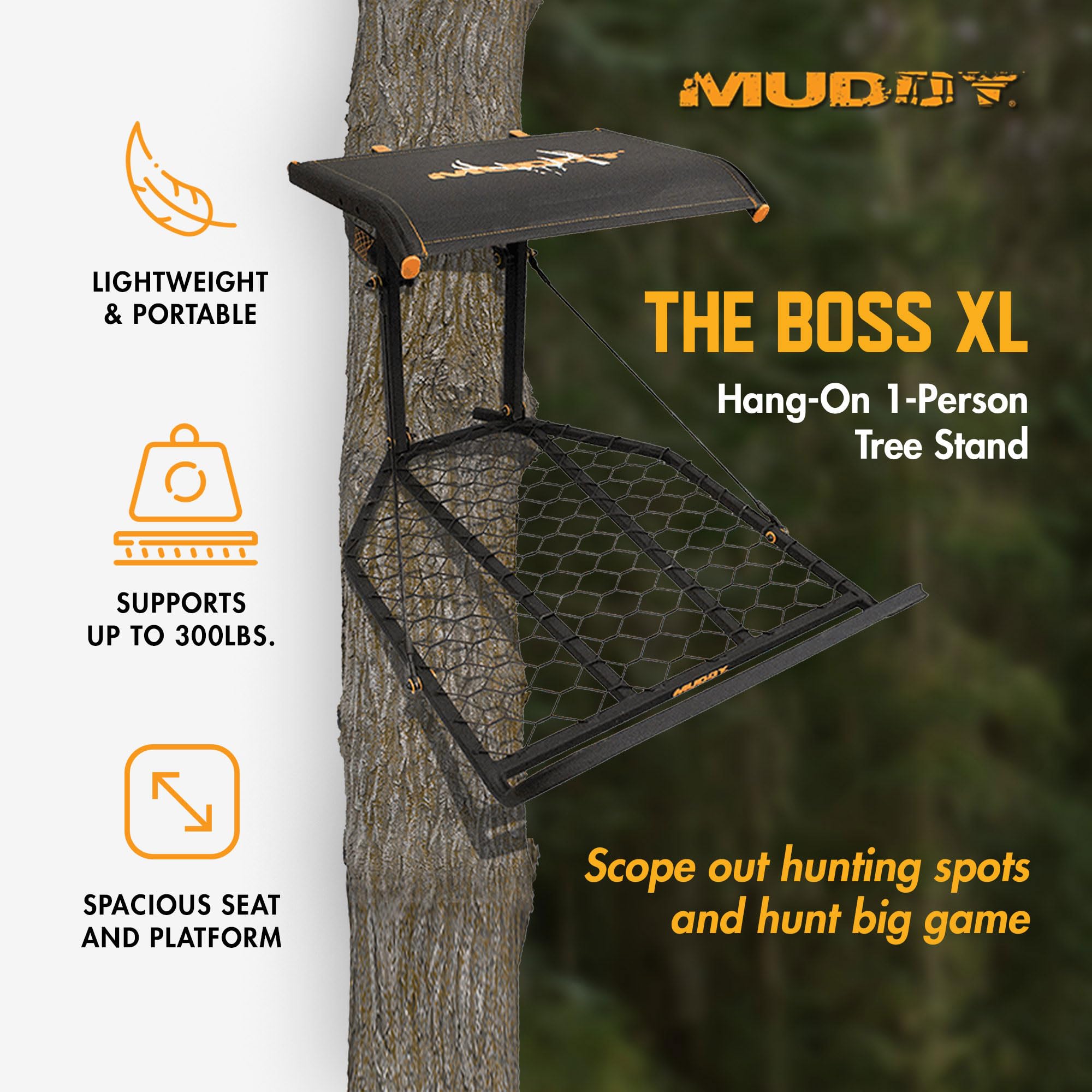 The Boss XL MUDDY 1 Person Hang-On Tree Stand, Deer Hunting Stand with Silent Straps, FlexTek Seat and Extra Wide Platform, Black