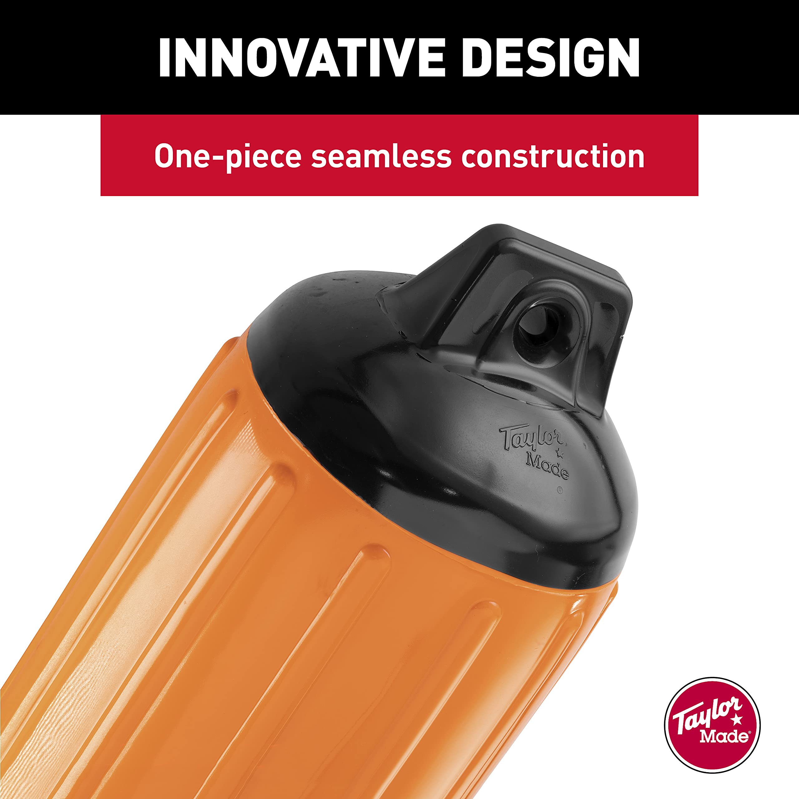 Taylor Made Super Gard Boat Fender, Double-Molded Ends Blaze Orange (6.5" x 22"), Ribbed Technology to Minimize Roll, Rubber Football Needle Inflation Valve, Marine-Grade Vinyl, 5/8" Eyelets - 730622