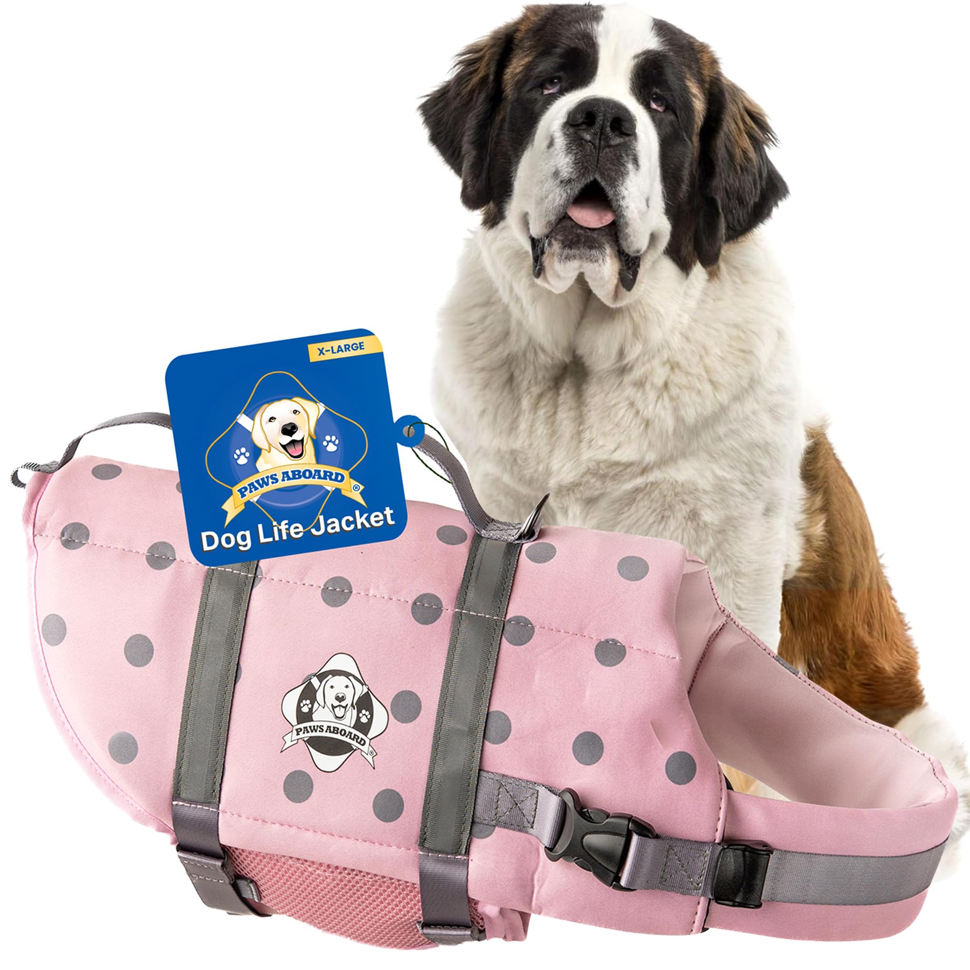 Dog Life Jacket Paws Aboard - Swimming Vest for Dogs, Adjustable, Reflective, Comfortable, Multiple Colors, Patterns, XX-Small to Extra Large Dog Swim Vest with Handle (Pink/Silver, X-Large)