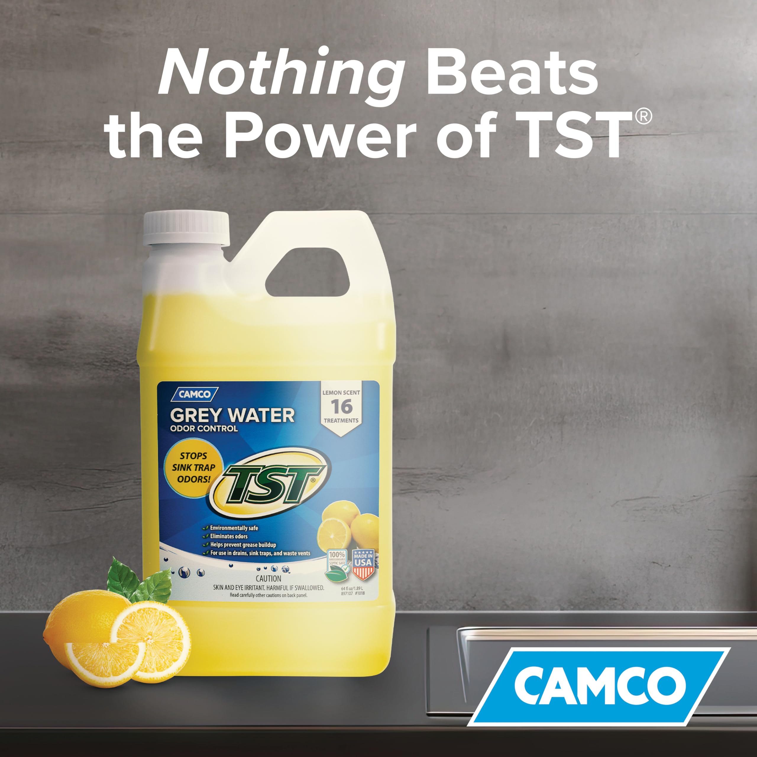 Camco TST Grey Water Odor Control Camper/RV - Removes Grease Buildup in Gray Water Tank, Sink & Shower Drains - 4oz Treats 40-Gal Holding Tank - Safe Septic Tank Treatment - Lemon, 64 oz (40256)