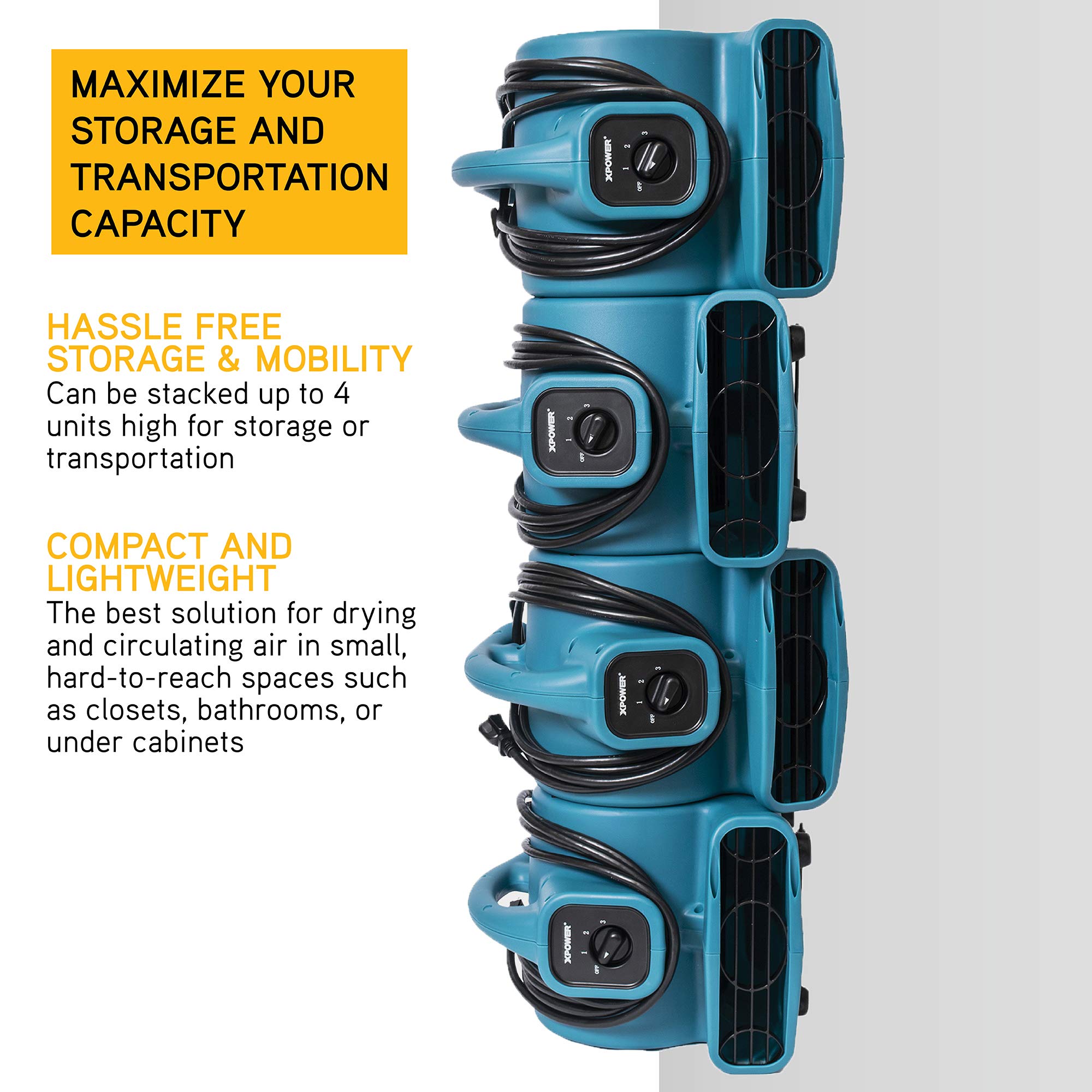 Mini Mighty XPOWER P-80A 138 W 600 CFM Centrifugal Air Mover, Carpet Dryer, Floor Fan, Blower, Stackable, Daisy Chain, for Water Damage Restoration, Janitorial, Plumbing, Home Use