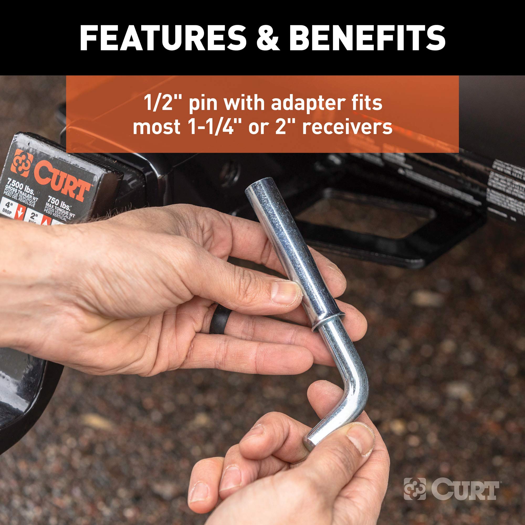 CURT 21502 Trailer Hitch Pin & Clip, 5/8-Inch Adapter with 1/2-Inch Diameter, Fits 1-1/4 or 2-Inch Receiver