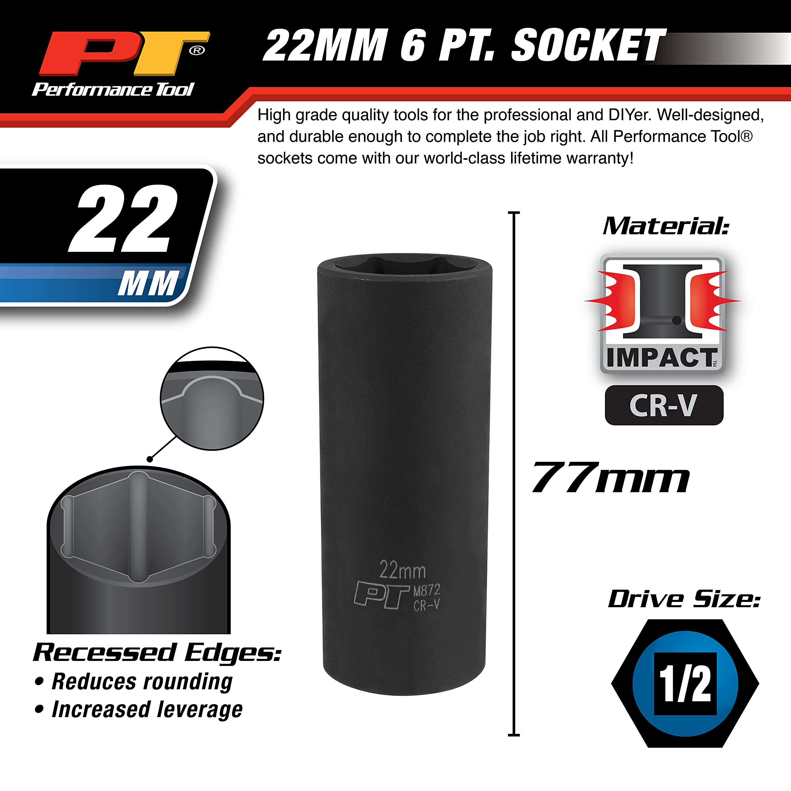 M872 Performance Tool 1/2 Drive 6pt Impact Socket, 22mm