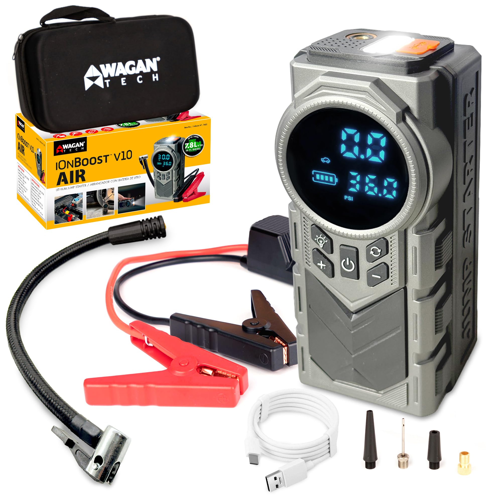 Wagan iOnBoost V10 Air Jump Starter with Tire Inflator Portable 1500A Peak 12V Lithium Car Battery Booster with 150PSI Air Compressor LCD Pressure Display Built-in LED Light UL Certified