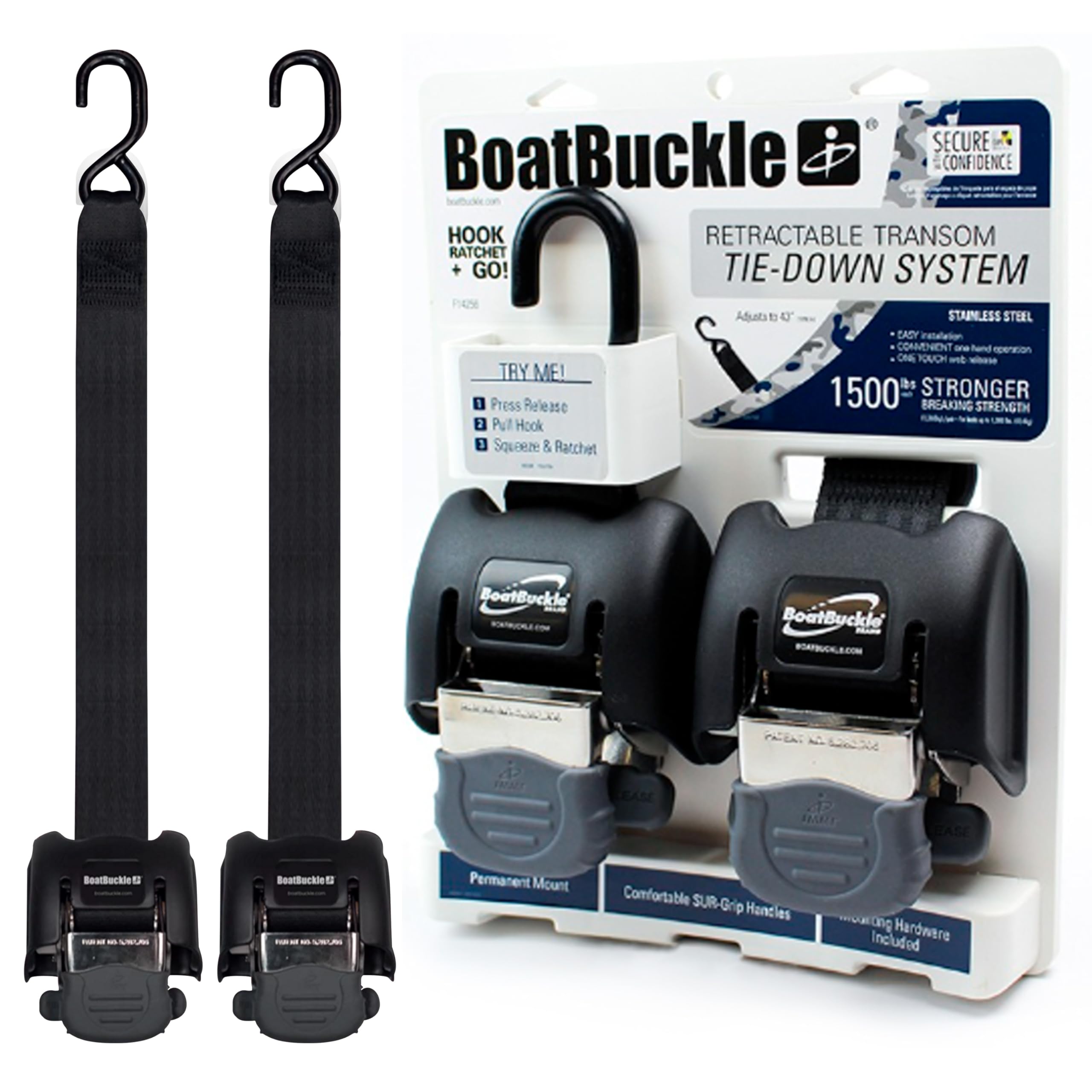 Stainless Steel BoatBuckle G2 Retractable Transom Tie-Down (2 x 43-Inch, Black)