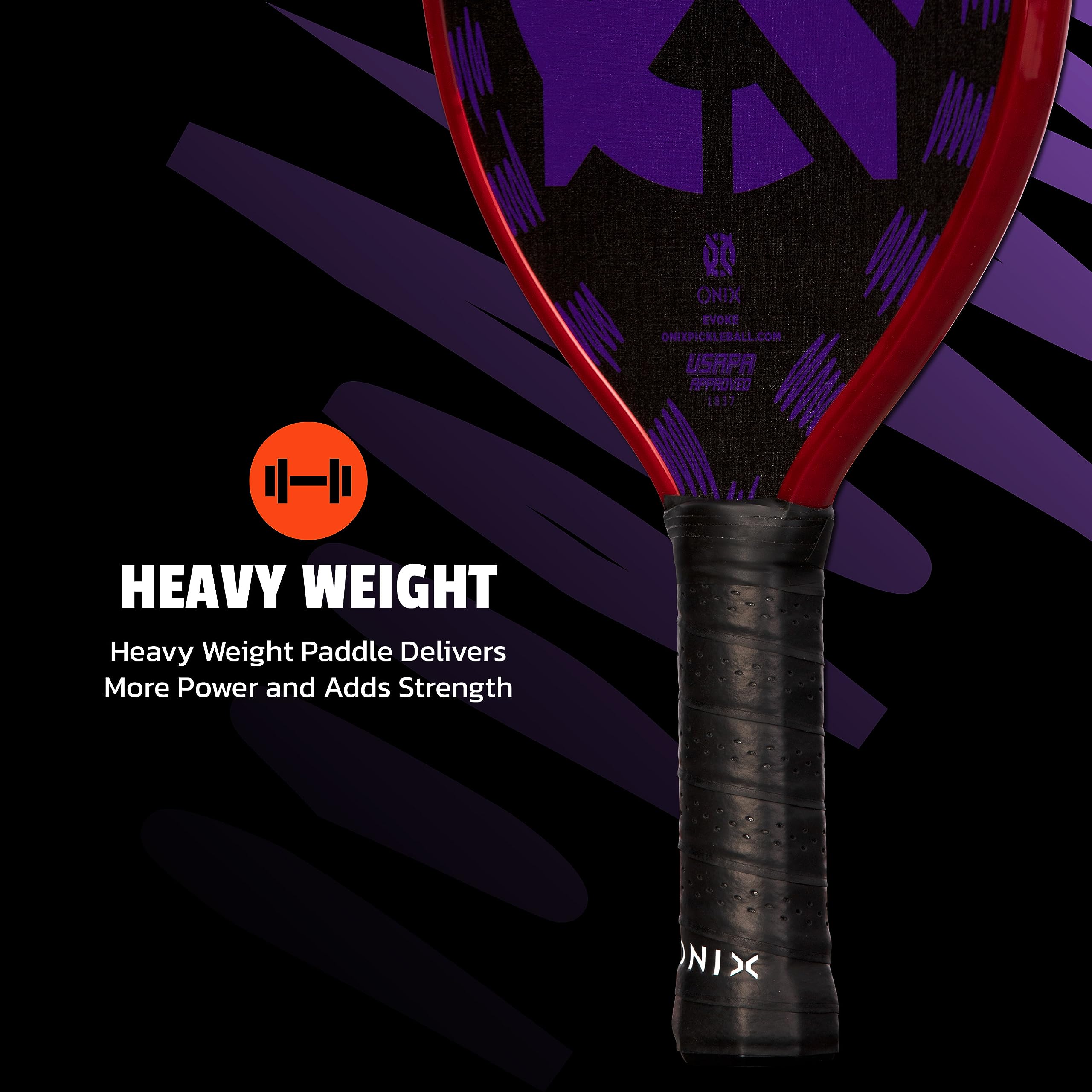 Onix Evoke Graphite Tear Drop Pickleball Paddle Features Tear Drop Shape, Polypropylene Core, and Graphite Face, Purple