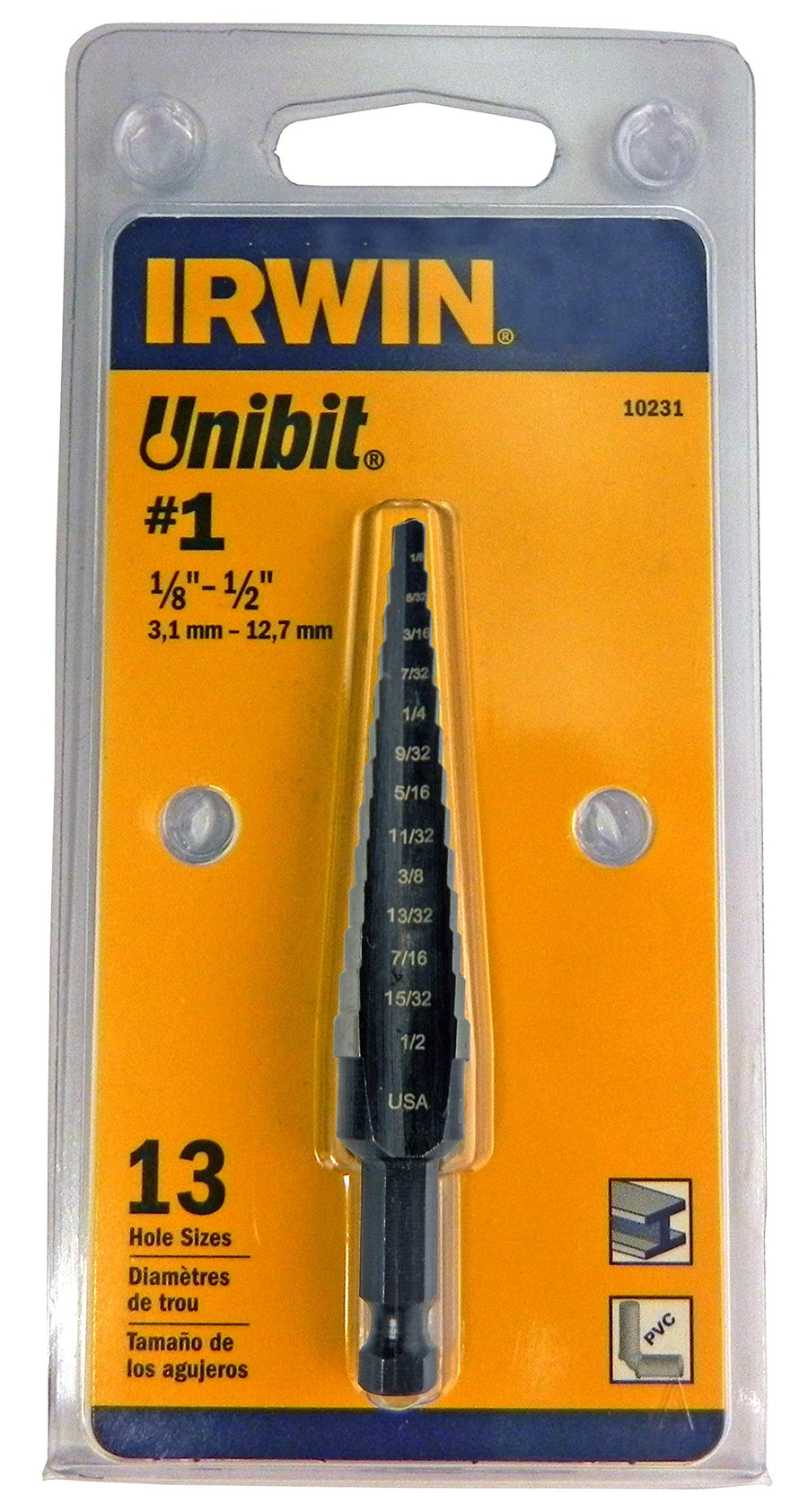 Irwin Tools Step Drill Bit IRWIN, 1/8-Inch to 1/2-Inch Step, 1/4-Inch Shank (10231) Silver|Silver metallic