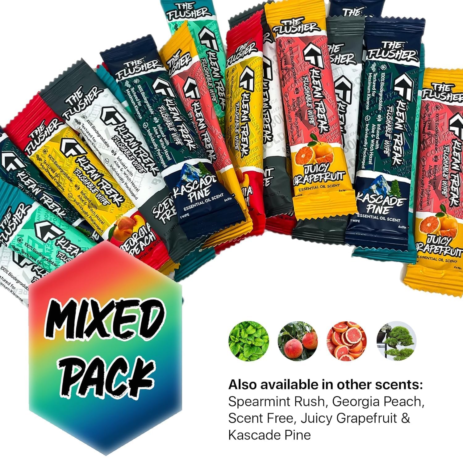 FLUSHABLE WIPES THE KLEAN FREAK - For Adults & Kids - 100% BIODEGRADABLE Individual Wrapped Travel WET Wipe for Toilet - Soothing Aloe & Witch Hazel - Alcohol Free 20 Pack - Mixed