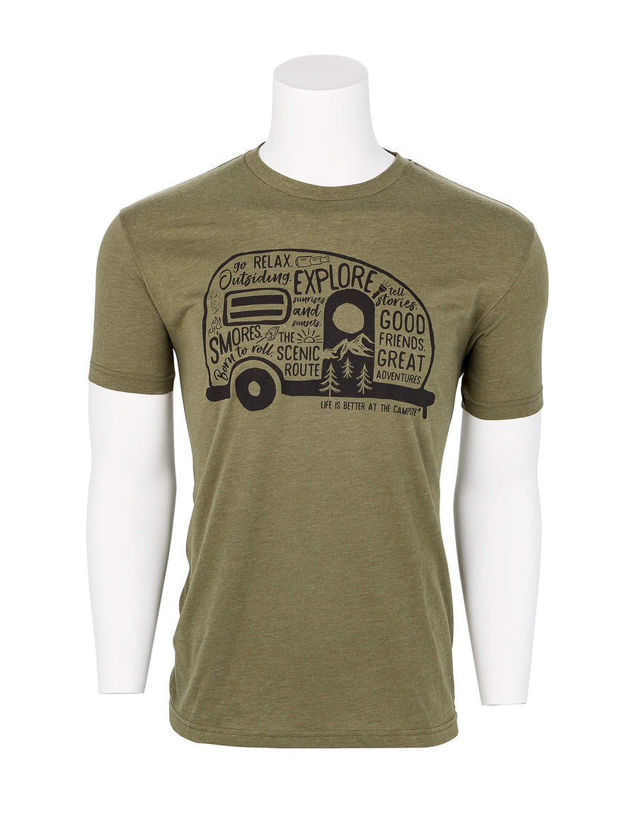 Camco Crew Neck Life is Better at The Campsite Short Sleeve T-Shirt | Features Soft Ring-Spun Cotton Fabric, Graffiti RV Design on Olive, and is Machine Washable | Small (53340)