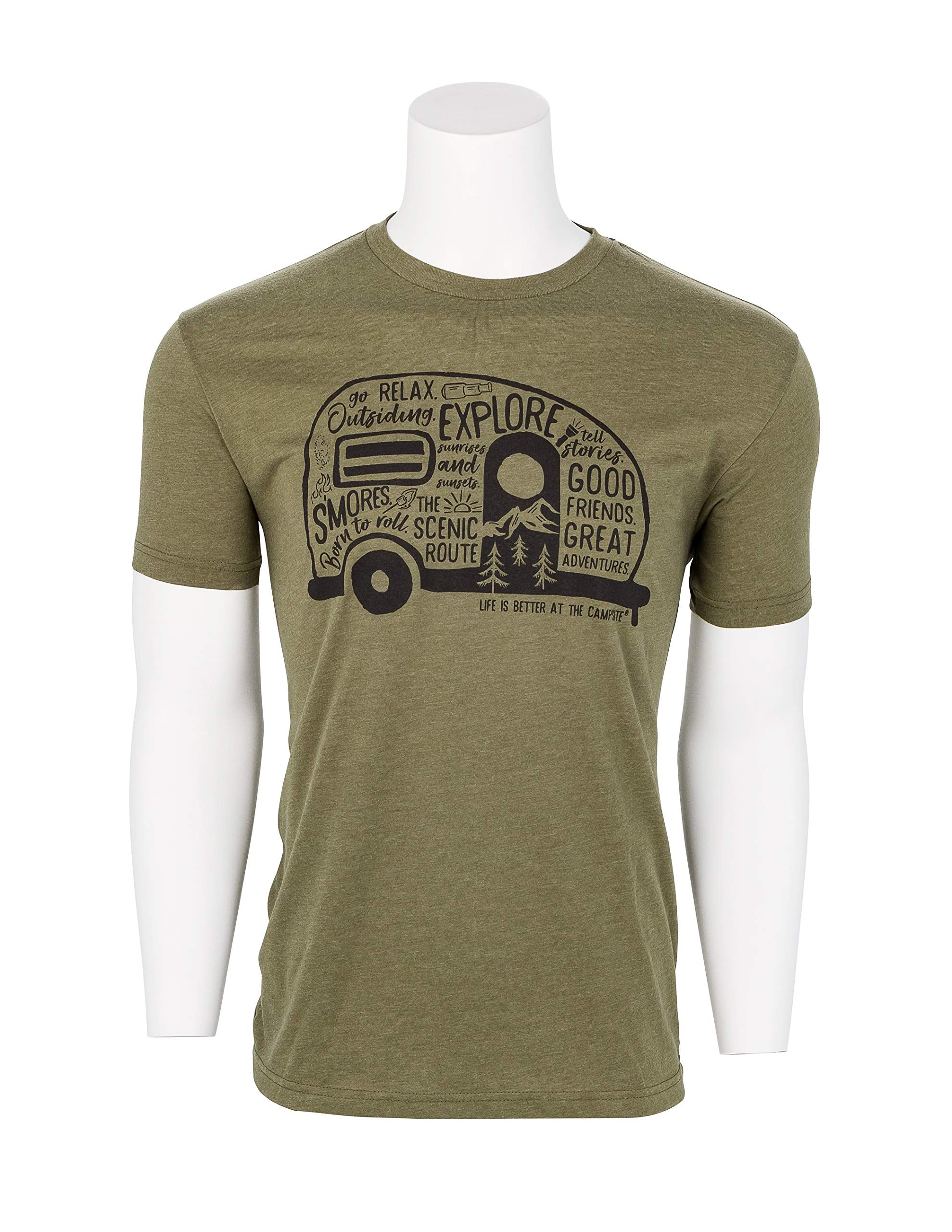 Camco Crew Neck Life is Better at The Campsite Short Sleeve T-Shirt | Features Soft Ring-Spun Cotton Fabric, Graffiti RV Design on Olive, and is Machine Washable | Large (53342)