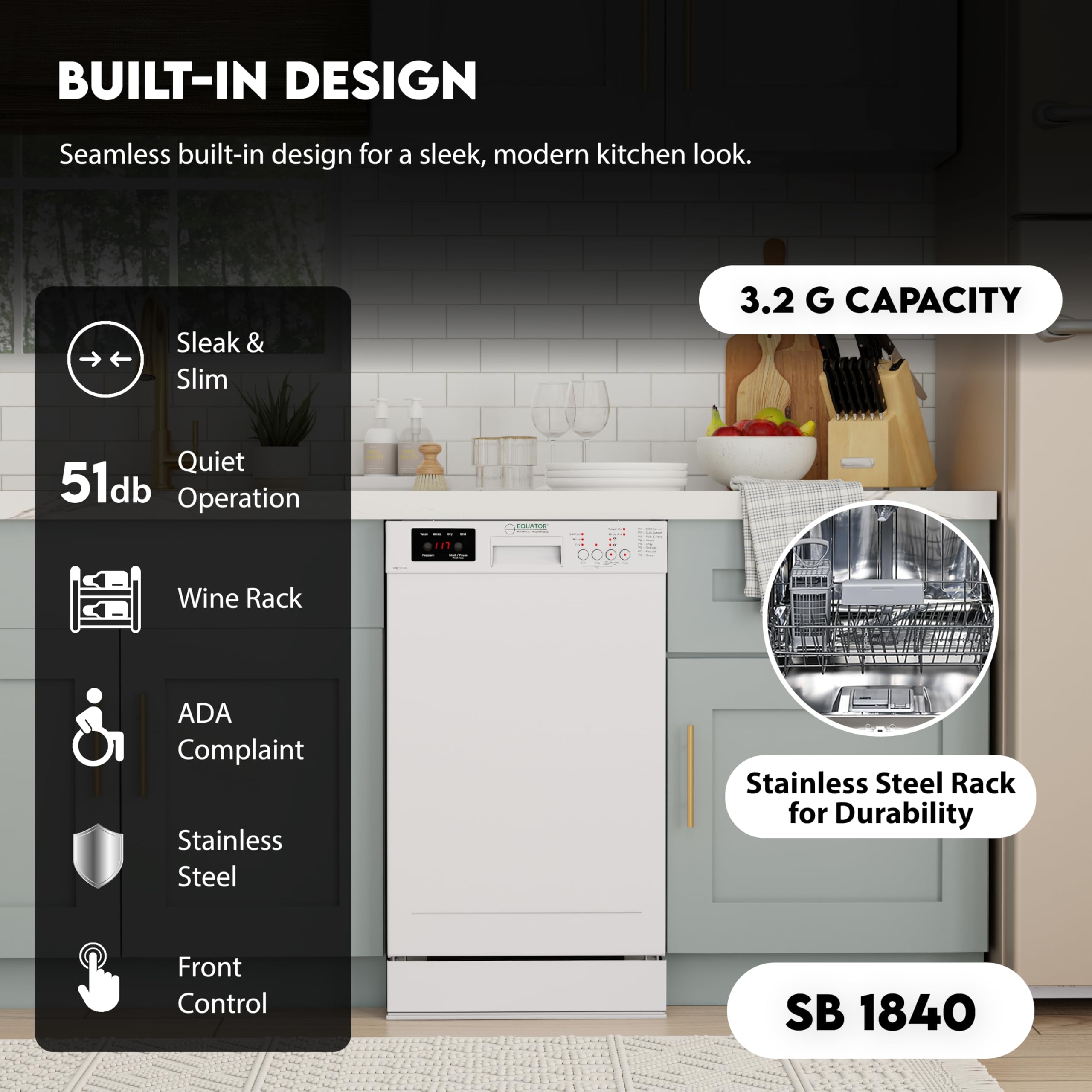 Equator 18" Built in Dishwasher 10 Place Wine Rack 8 Wash Sensor Delay 1/2 Load 110V E-Star ADA in White