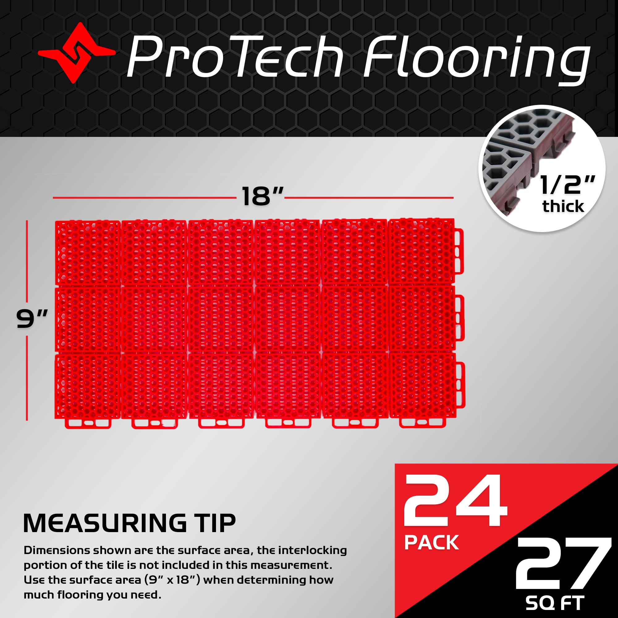ProTech Caliber Garage Flooring Tiles, 9” x 18” Interlocking Tiles, Red, 24-Pack