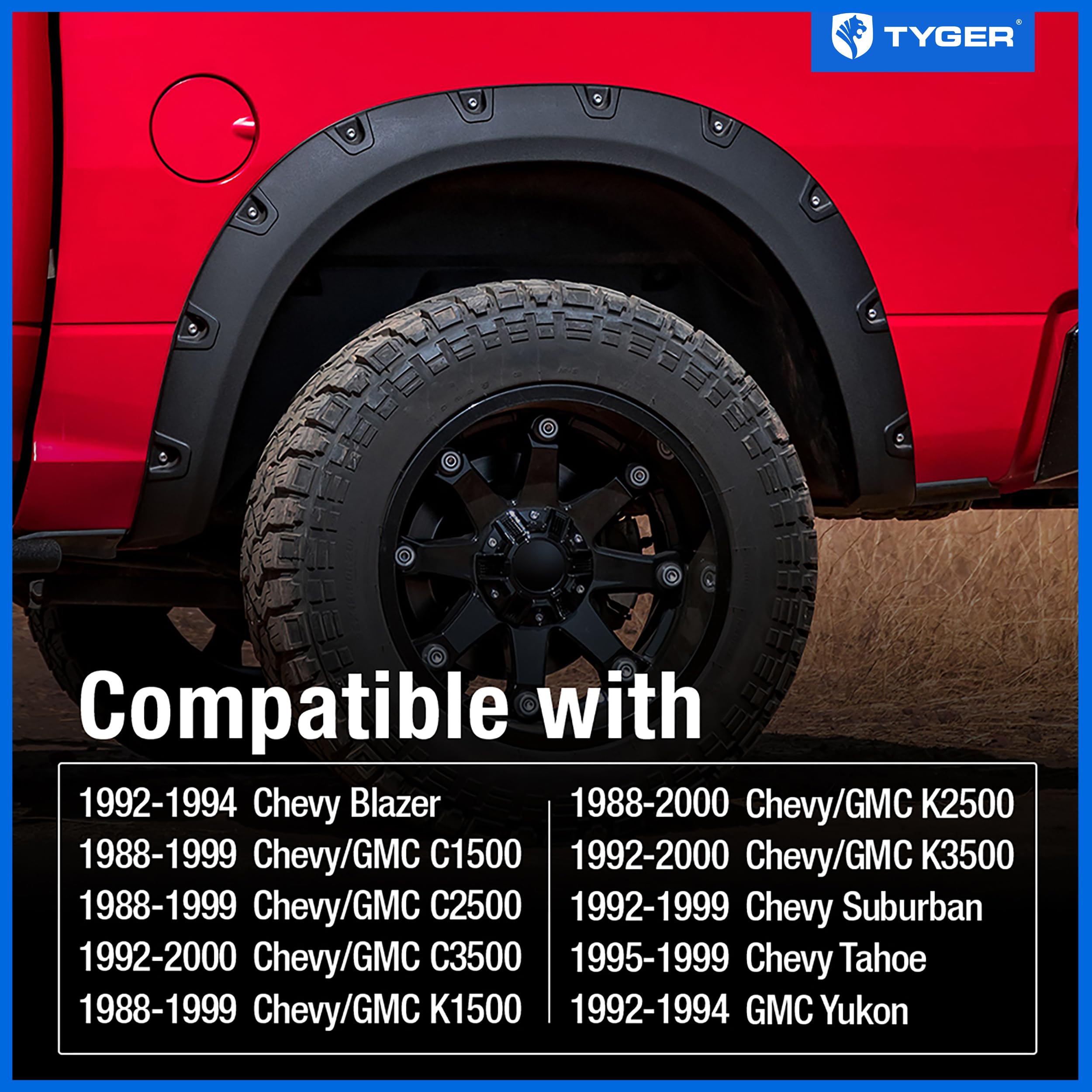 Tyger Auto Fender Flare Compatible with C/K Chevy GMC Pickup/Suburban/Blazer/Yukon/Tahoe 2Dr Fleetside, Smooth Textured Black Paintable Bolt-Riveted Style 4pc | TG-FF8C4088