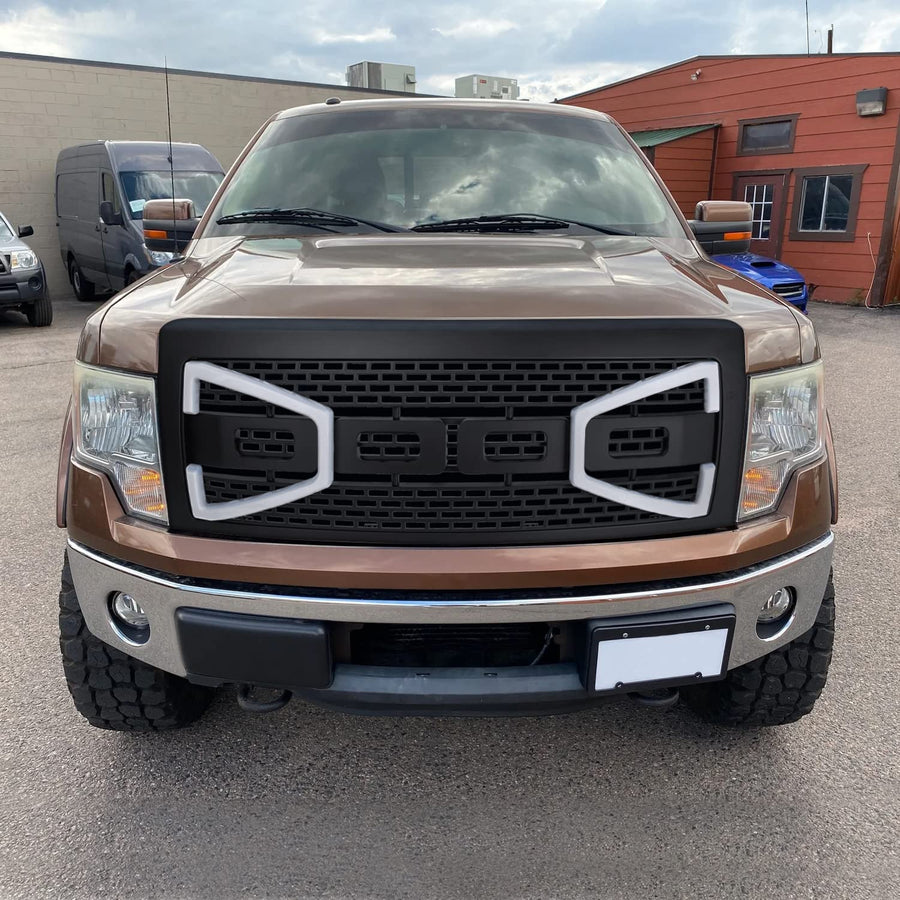 Black Mesh Front Hood Grille w/LED Light Tubes Spec-D Tuning Compatible with 2009-2014 Ford F-150