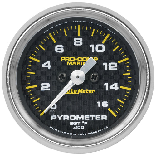 Auto Meter Gauge 200842-40, Pyrometer, 2 1/16", 0-1,600ºf, Marine Carbon Fiber