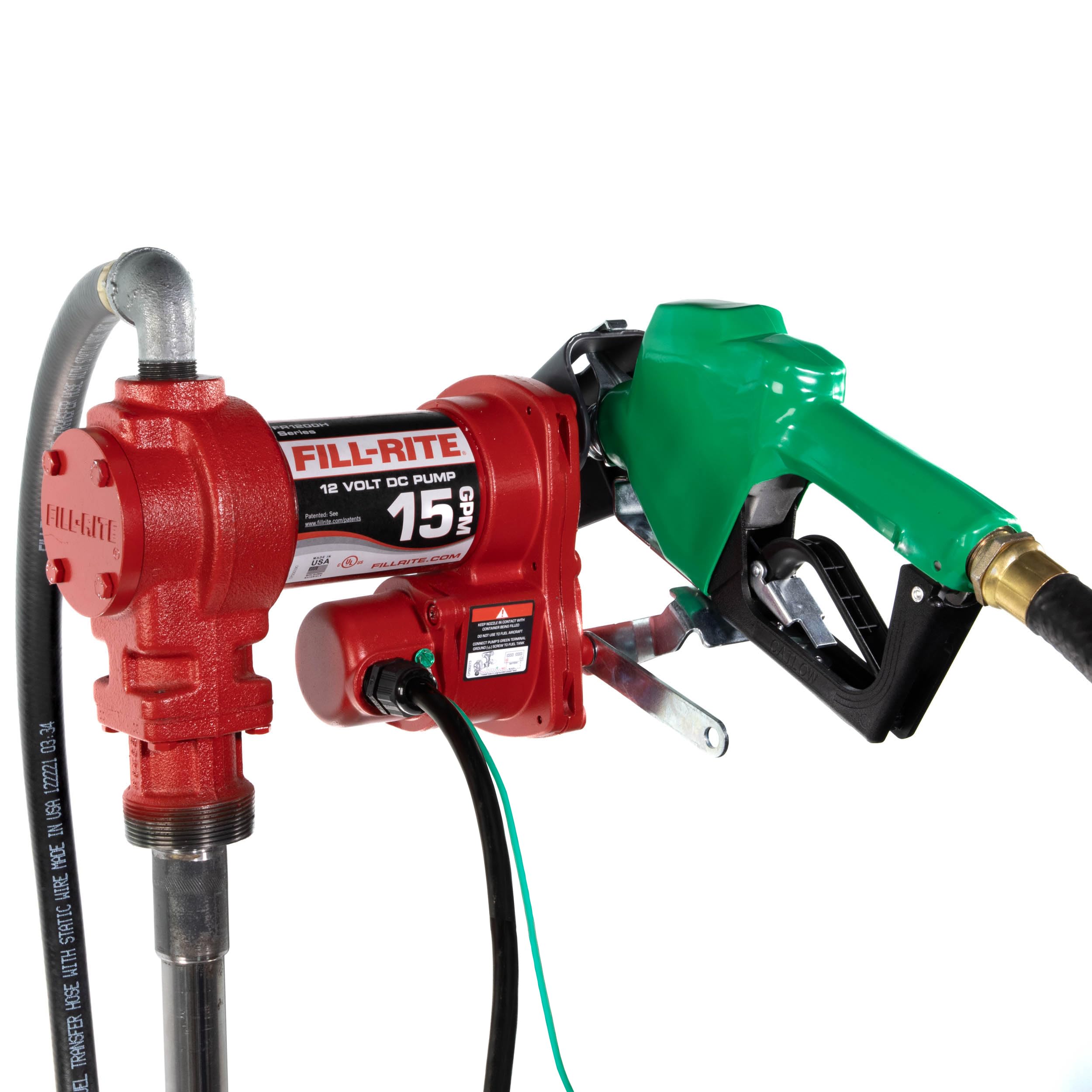 Fill-Rite 12V FR1210HA1 15 GPM Fuel Transfer Pump with Discharge Hose & Automatic Nozzle, Green - Gasoline, Diesel, Kerosene, Ethanol & Methanol Blends & Biodiesel