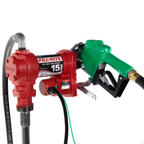 Fill-Rite 12V FR1210HA1 15 GPM Fuel Transfer Pump with Discharge Hose & Automatic Nozzle, Green - Gasoline, Diesel, Kerosene, Ethanol & Methanol Blends & Biodiesel